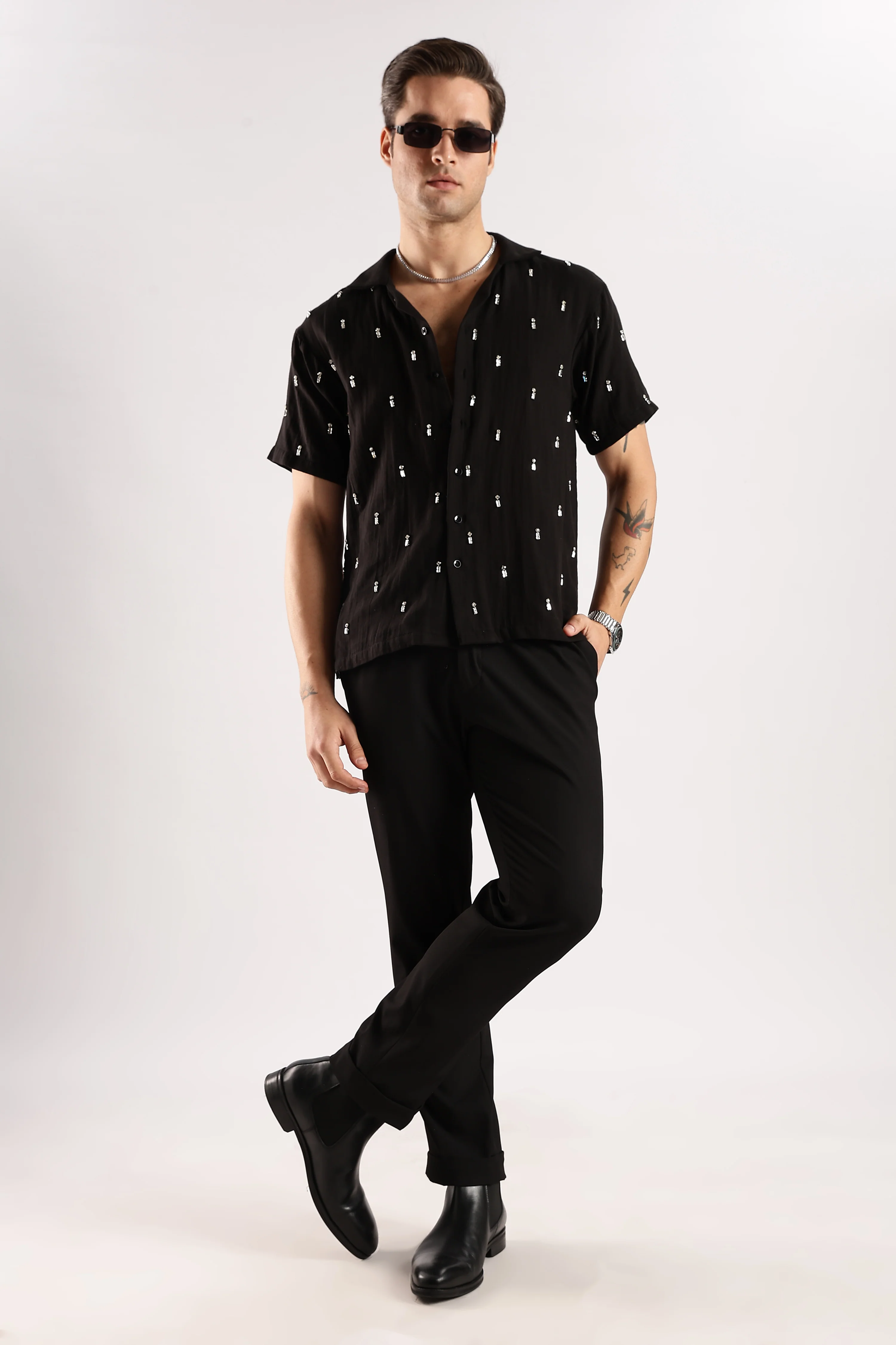 Men Midnight Amber Rhinestone Gauge Cotton Shirt - Image 2