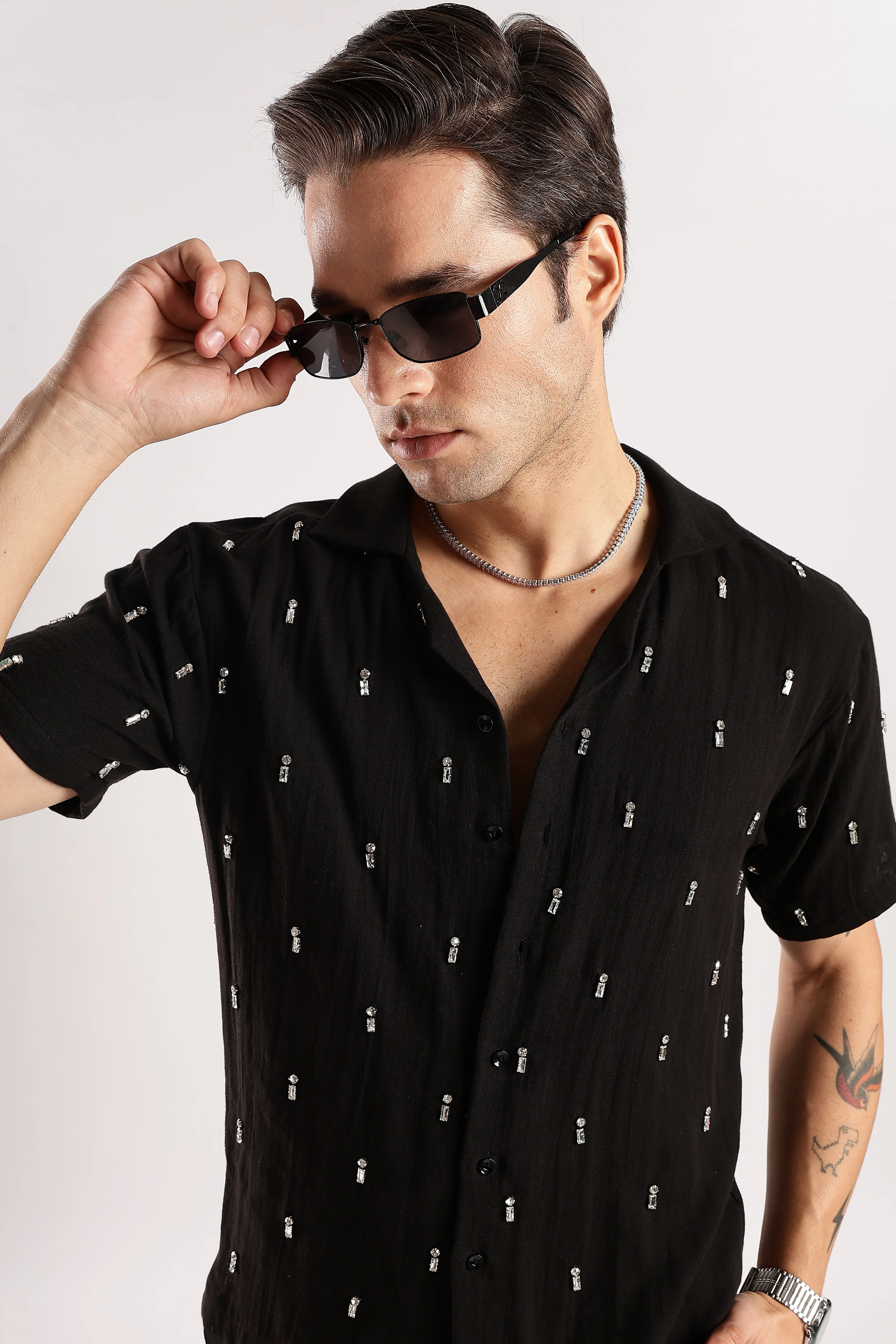 Men Midnight Amber Rhinestone Gauge Cotton Shirt - Image 4