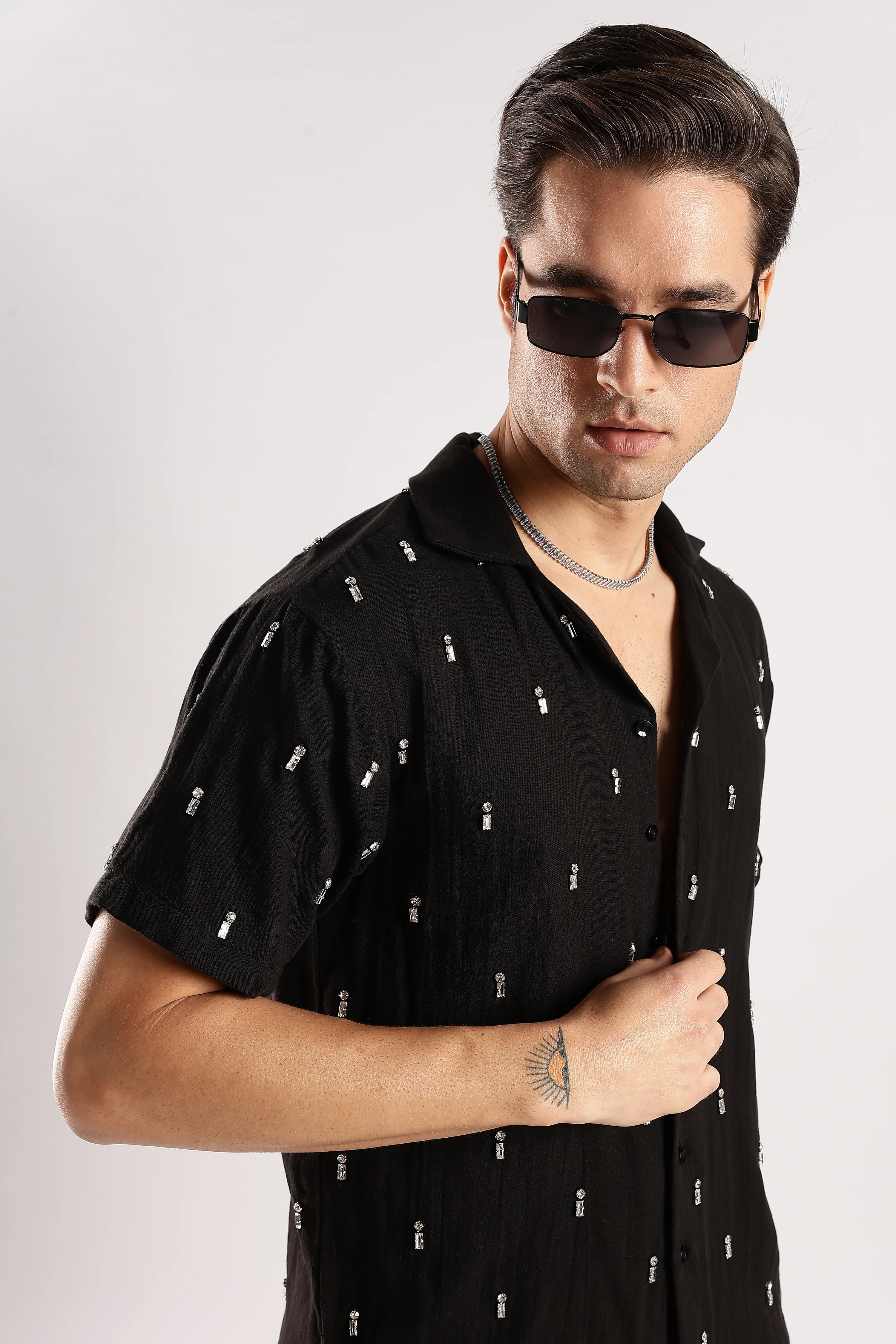 Men Midnight Amber Rhinestone Gauge Cotton Shirt - Image 5