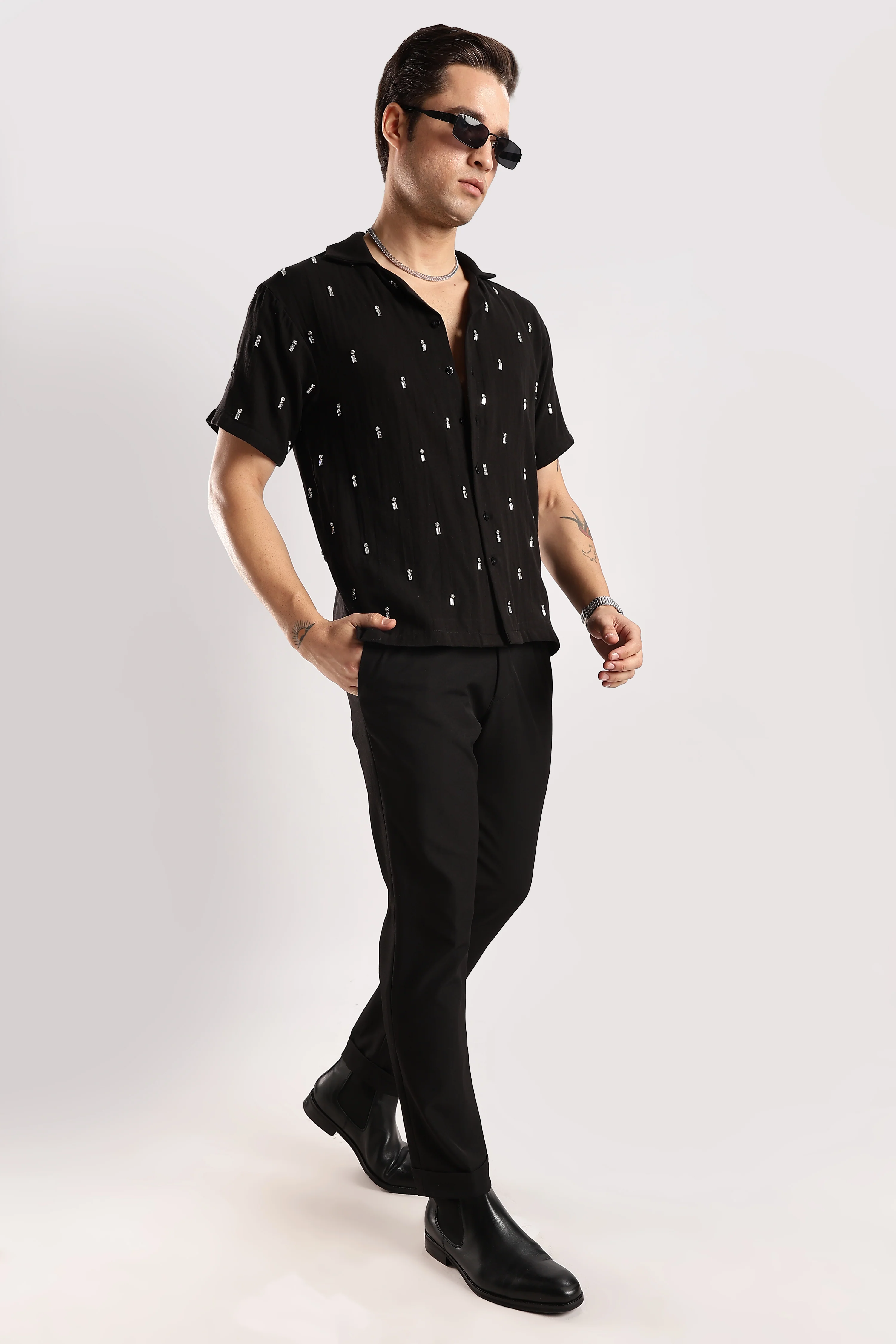 Men Midnight Amber Rhinestone Gauge Cotton Shirt - Image 6