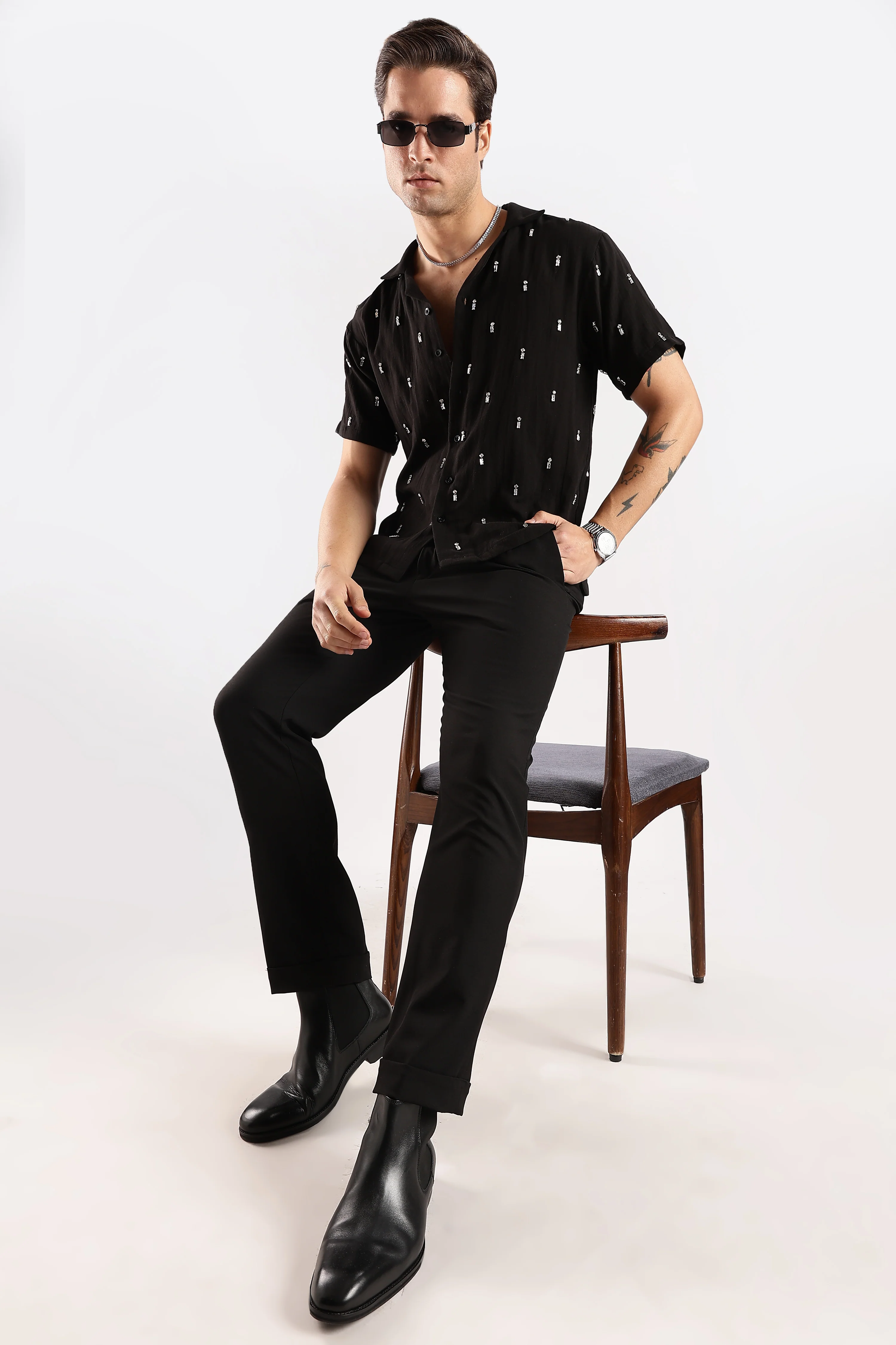 Men Midnight Amber Rhinestone Gauge Cotton Shirt - Image 7
