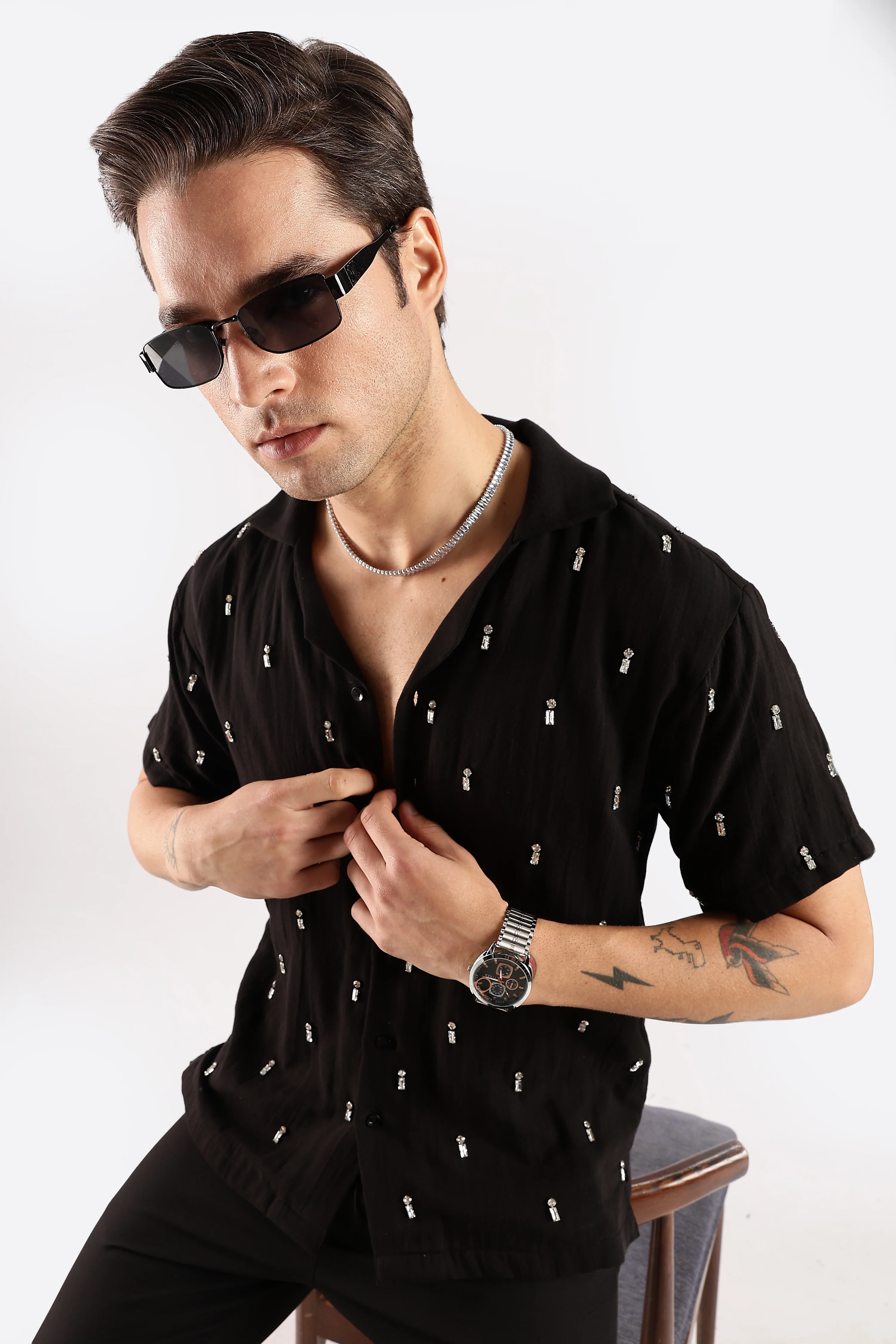 Men Midnight Amber Rhinestone Gauge Cotton Shirt - Image 8