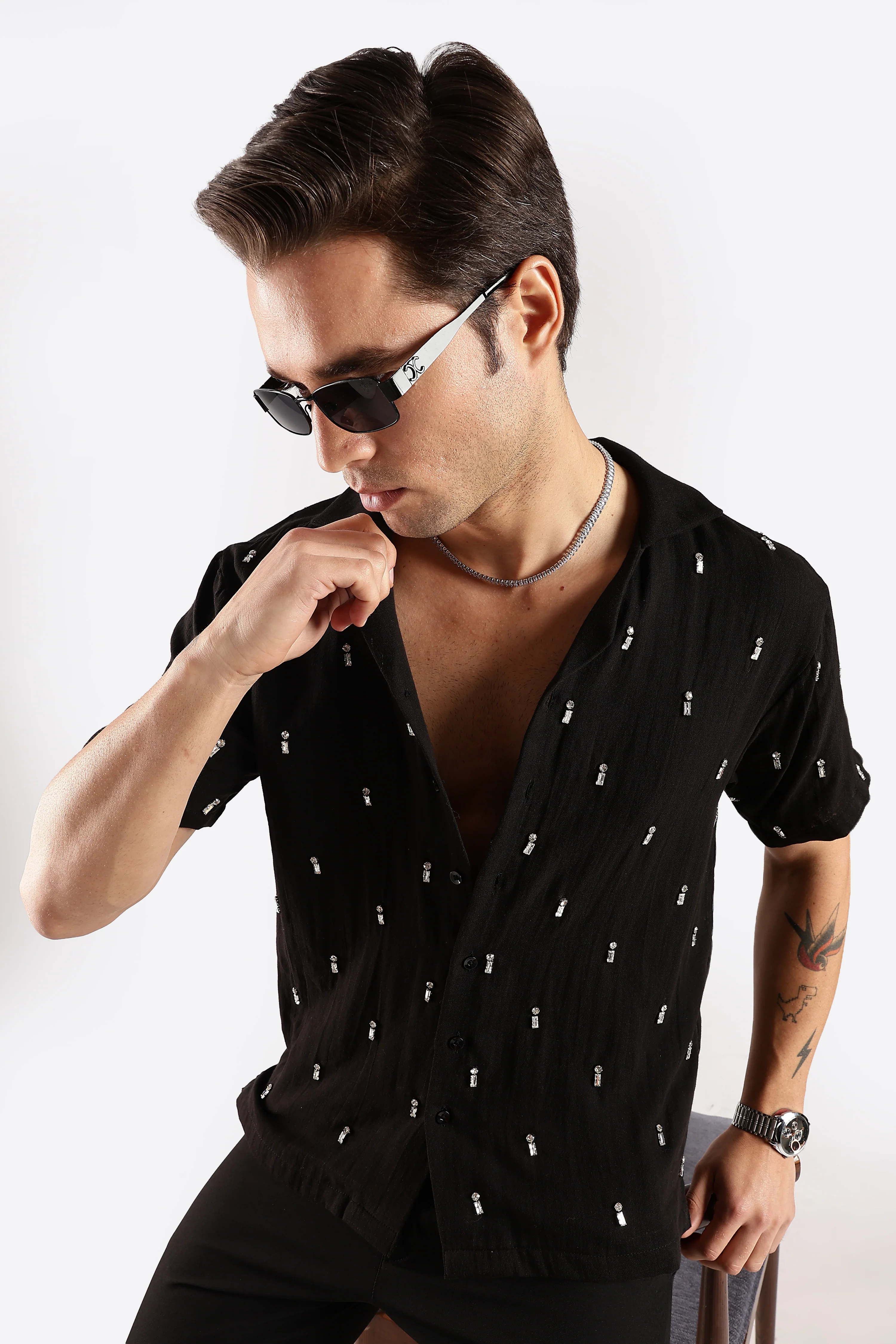 Men Midnight Amber Rhinestone Gauge Cotton Shirt - Image 9