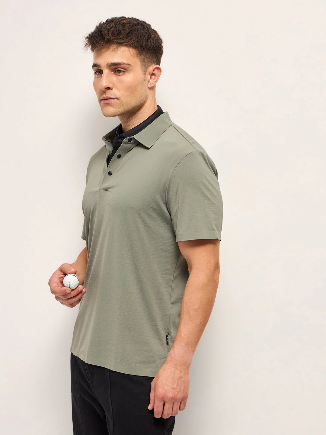 Men Military Green Texture Slim Fit Polo T-shirt - Image 2