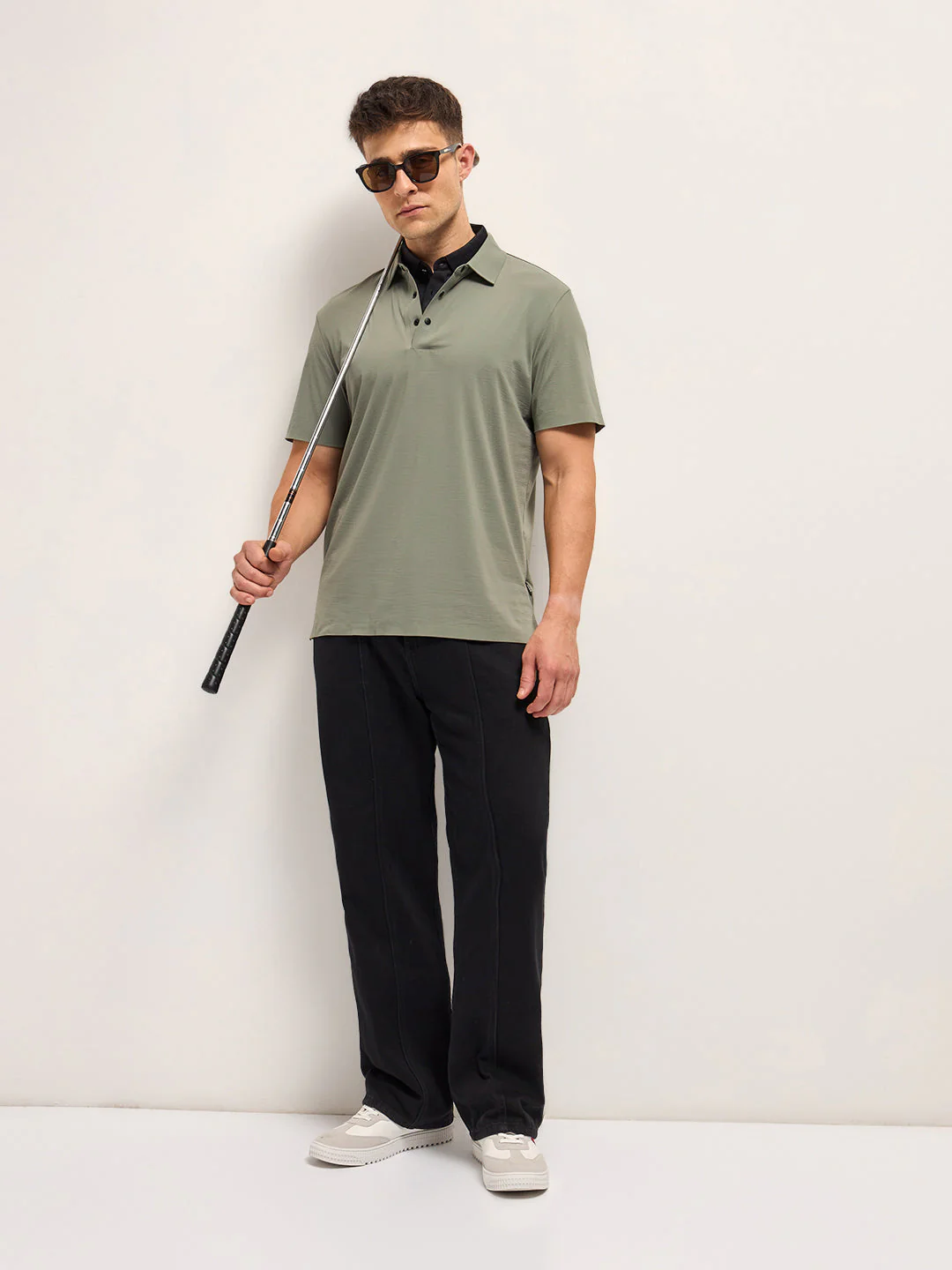 Men Military Green Texture Slim Fit Polo T-shirt - Image 3