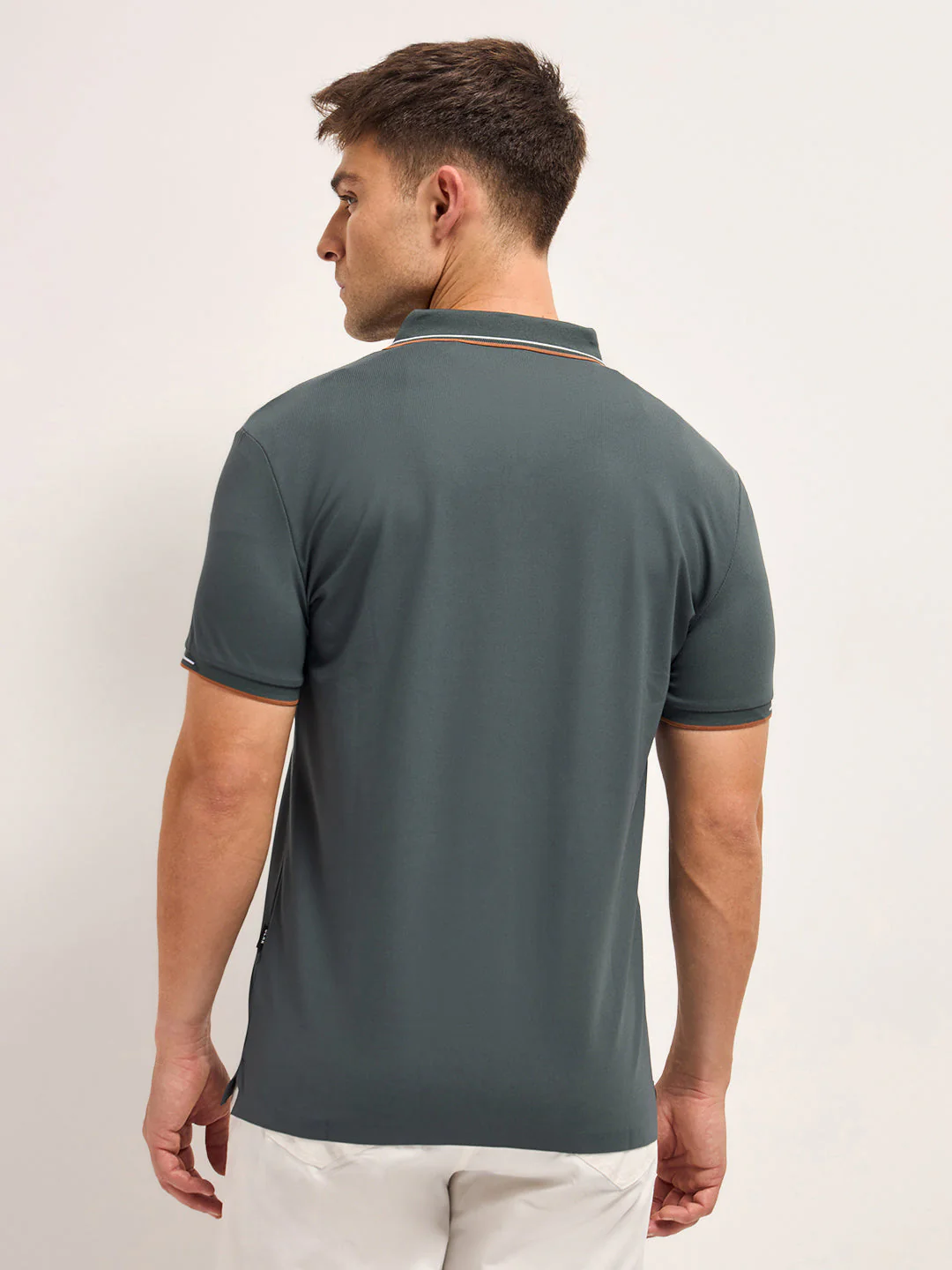 Men Military GreenContrast Piping Slim Fit Polo T-shirt - Image 2
