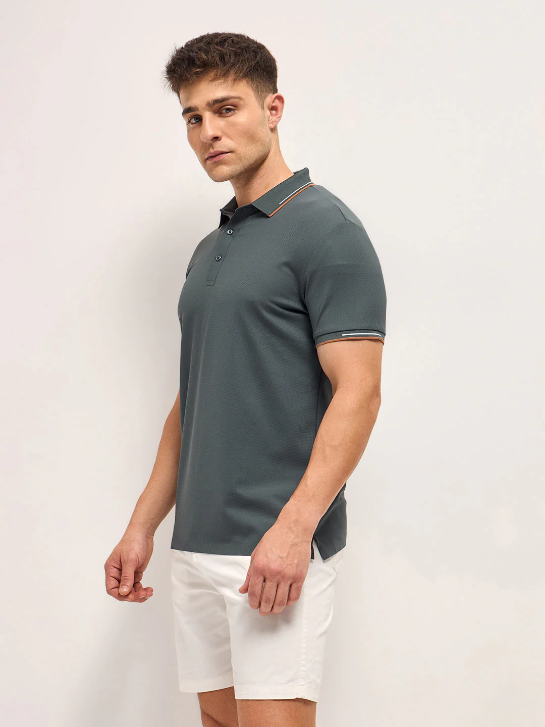 Men Military GreenContrast Piping Slim Fit Polo T-shirt - Image 3