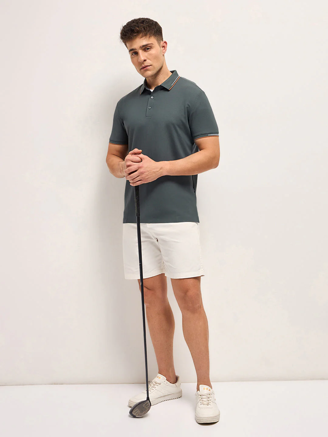 Men Military GreenContrast Piping Slim Fit Polo T-shirt - Image 4
