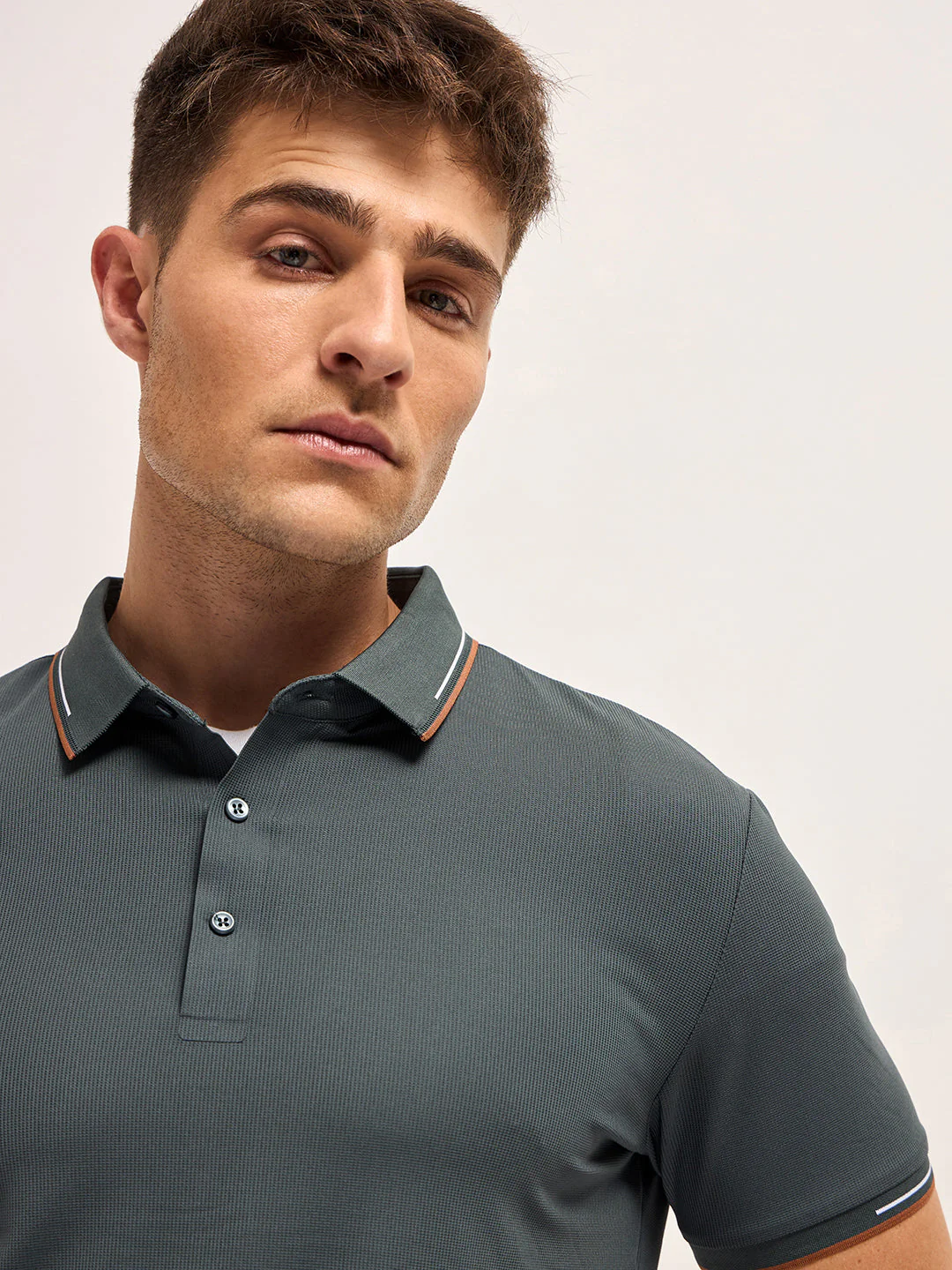Men Military GreenContrast Piping Slim Fit Polo T-shirt - Image 5