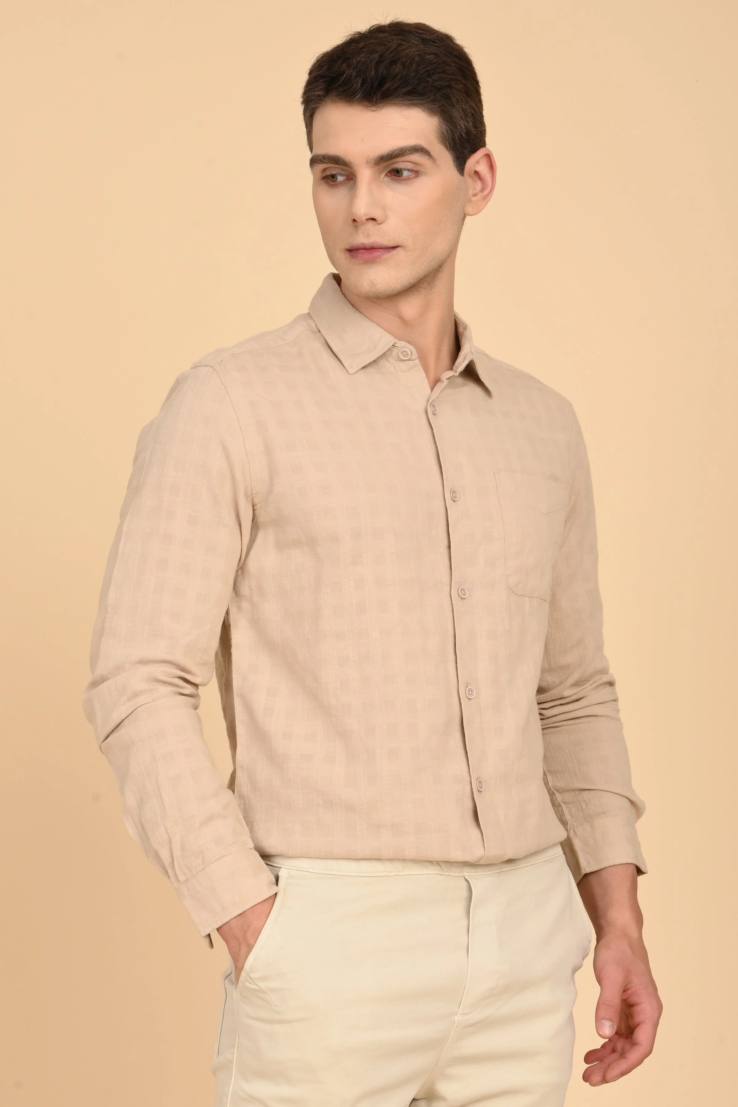 Men Milon Structured Slub Solid Shirt Beige
