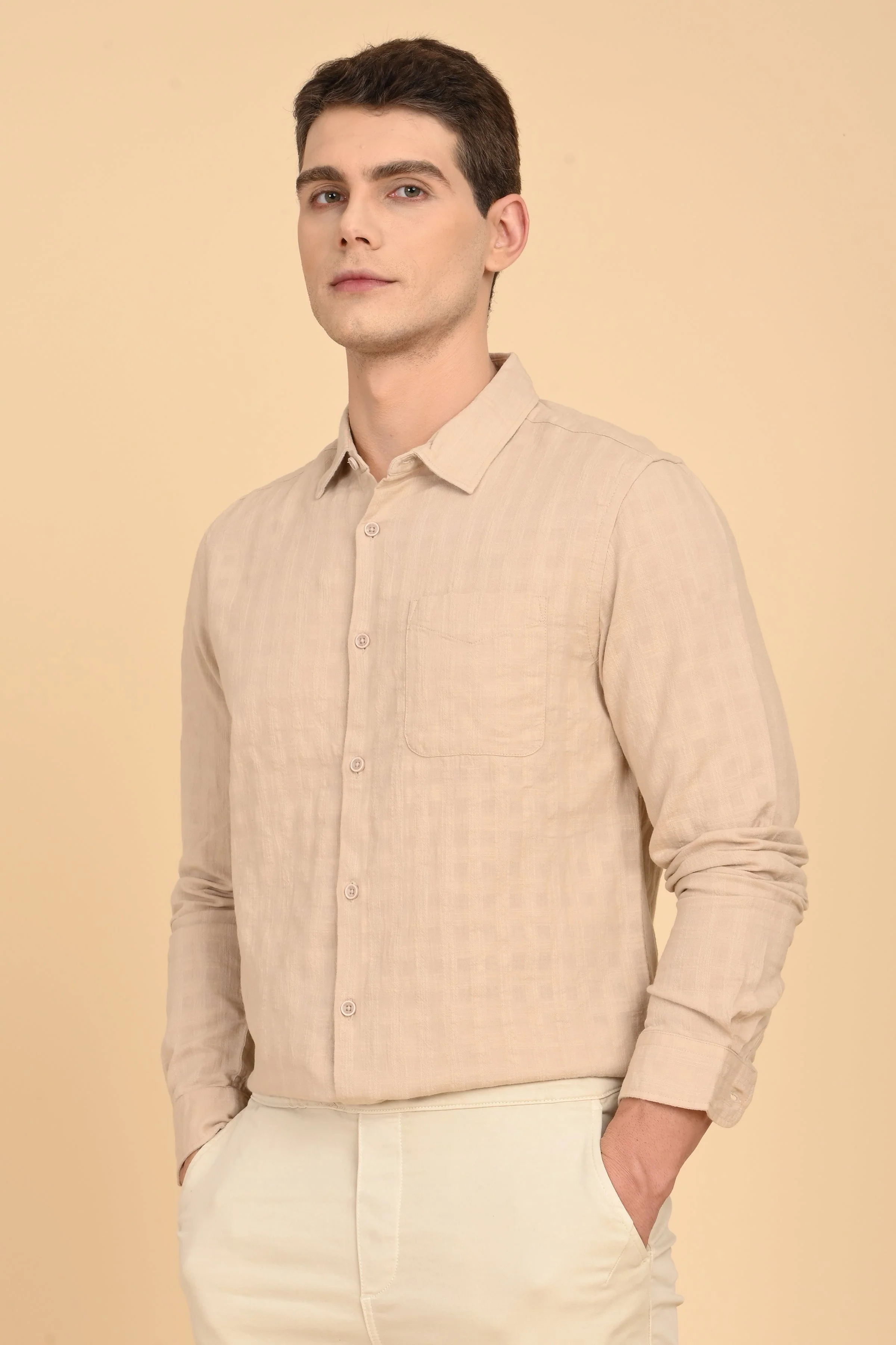 Men Milon Structured Slub Solid Shirt Beige - Image 2