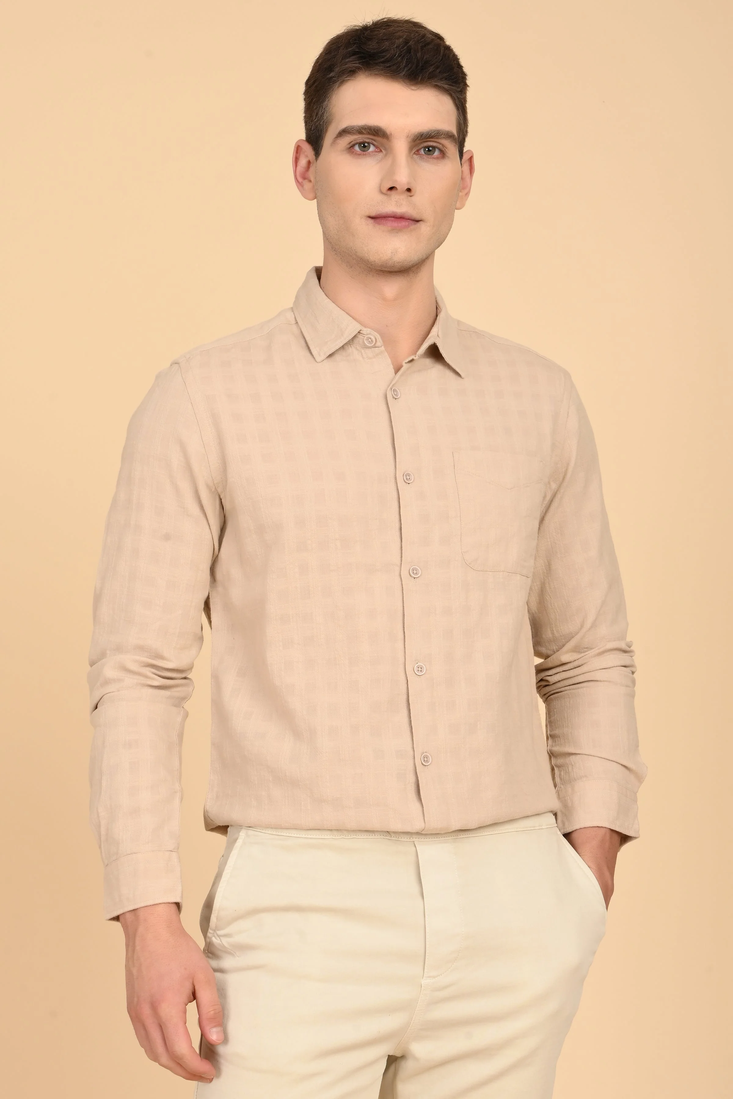 Men Milon Structured Slub Solid Shirt Beige - Image 3
