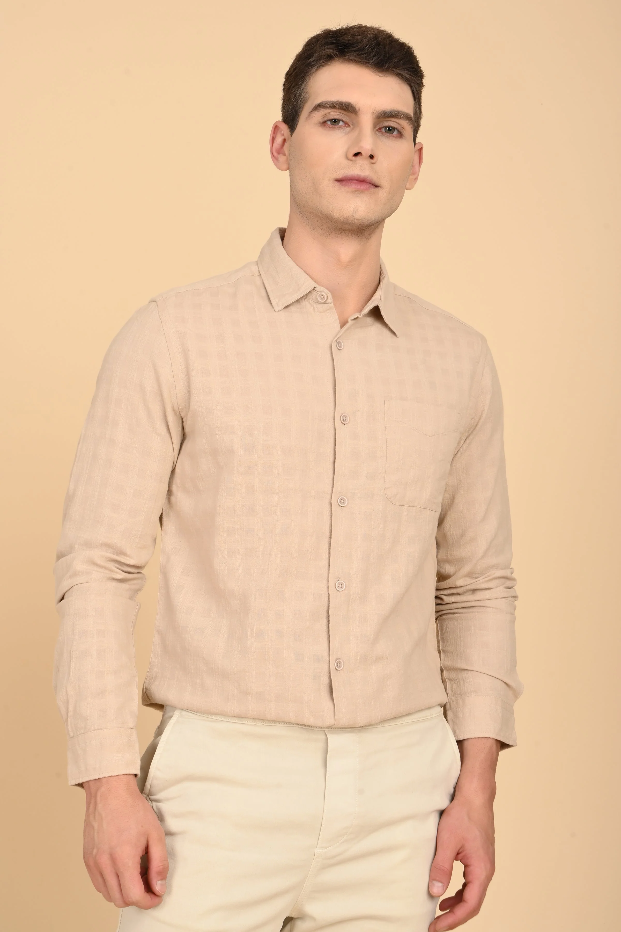 Men Milon Structured Slub Solid Shirt Beige - Image 5