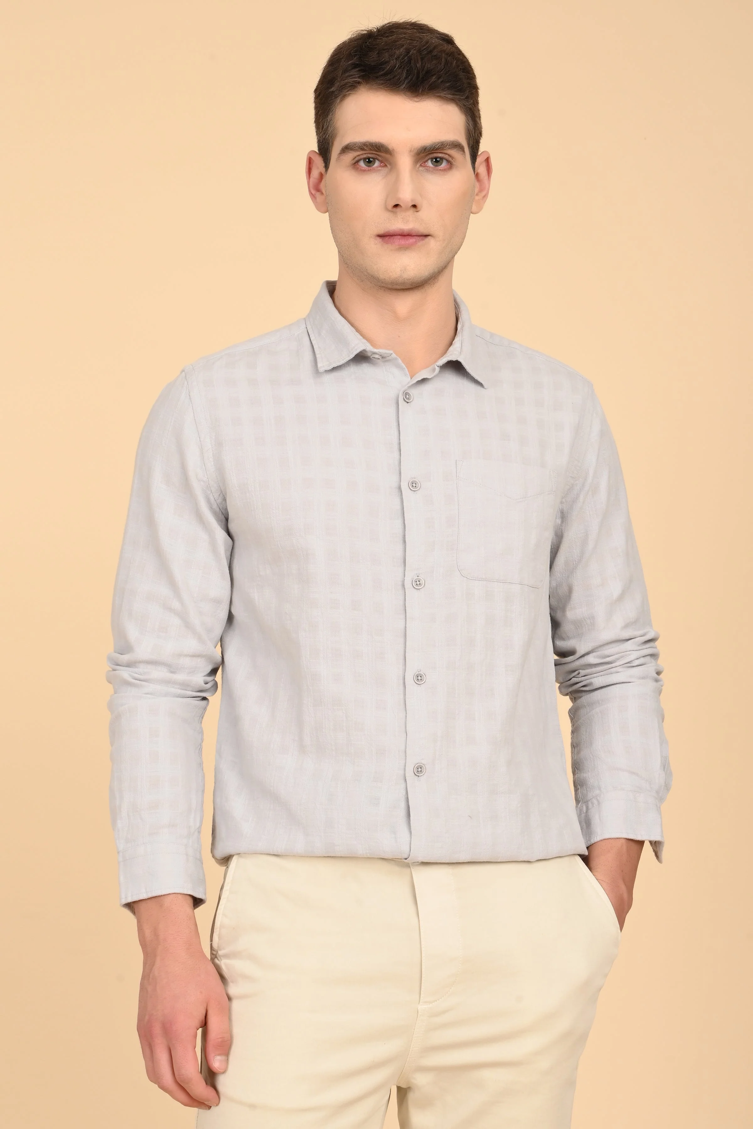 Men Milon Structured Slub Solid Shirt Lt Grey - Image 3