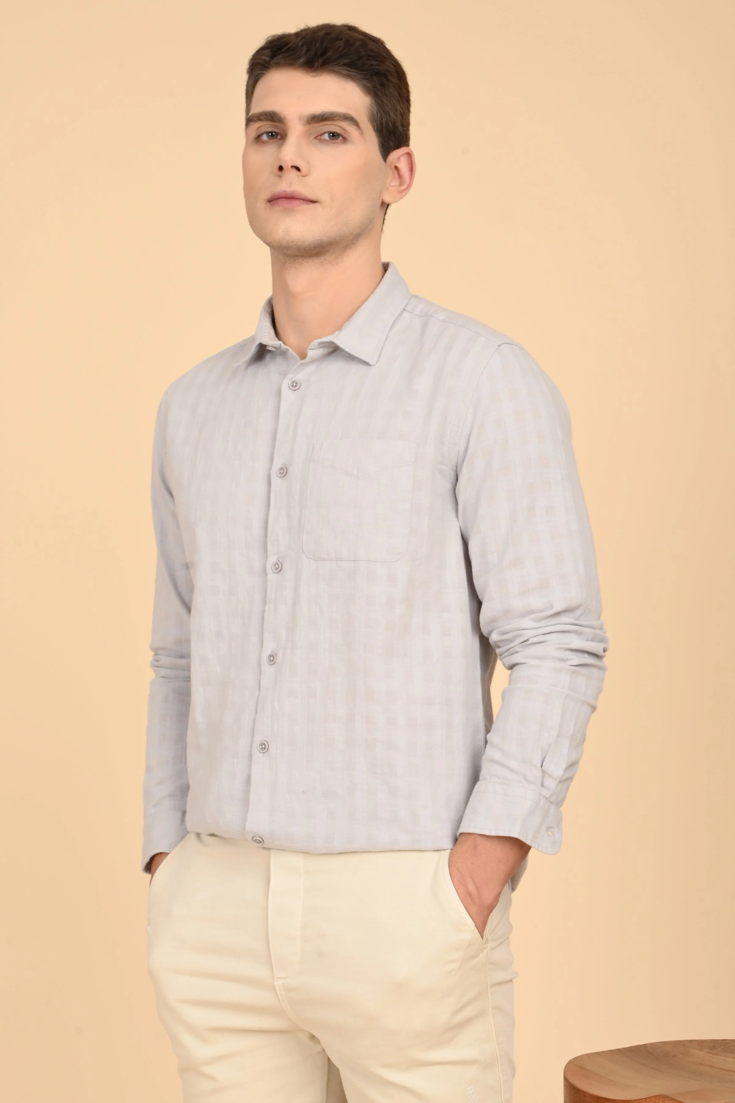 Men Milon Structured Slub Solid Shirt Lt Grey - Image 5