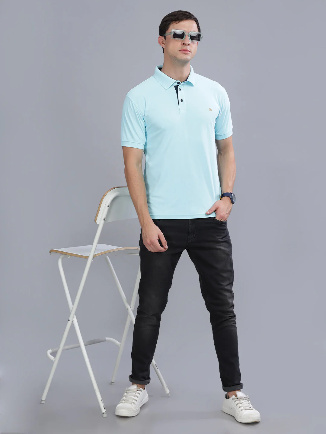 Men Mint Blue Dryfit Polo T-Shirt - Image 5