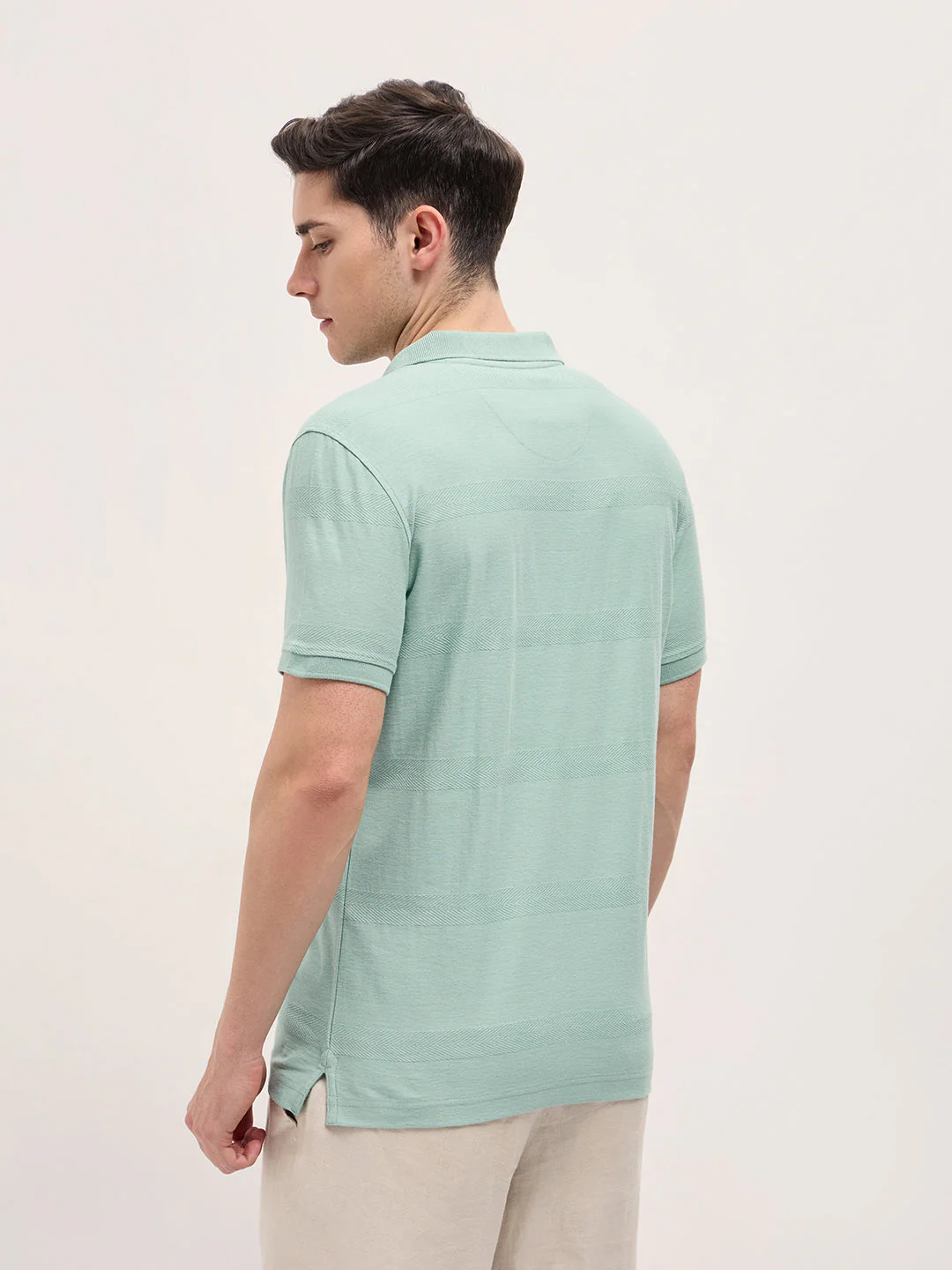 Men Mint Green Horizontal stripes Textured Knit Regular Fit Polo - Image 2