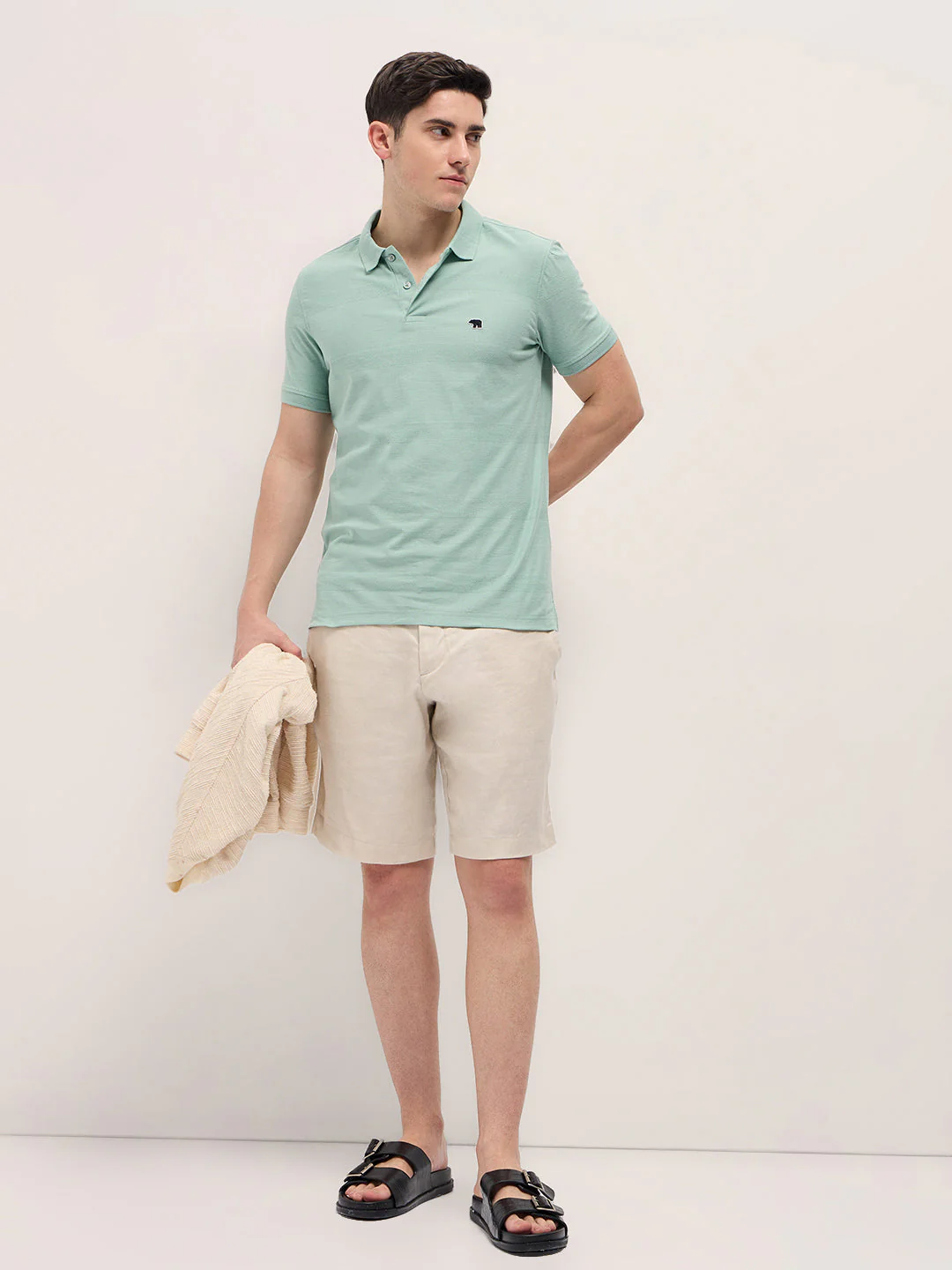 Men Mint Green Horizontal stripes Textured Knit Regular Fit Polo - Image 4