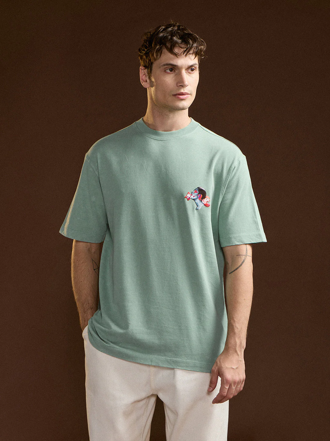 Men Mint Green Oversize Graphic Print Crew Neck T-shirt - Image 6