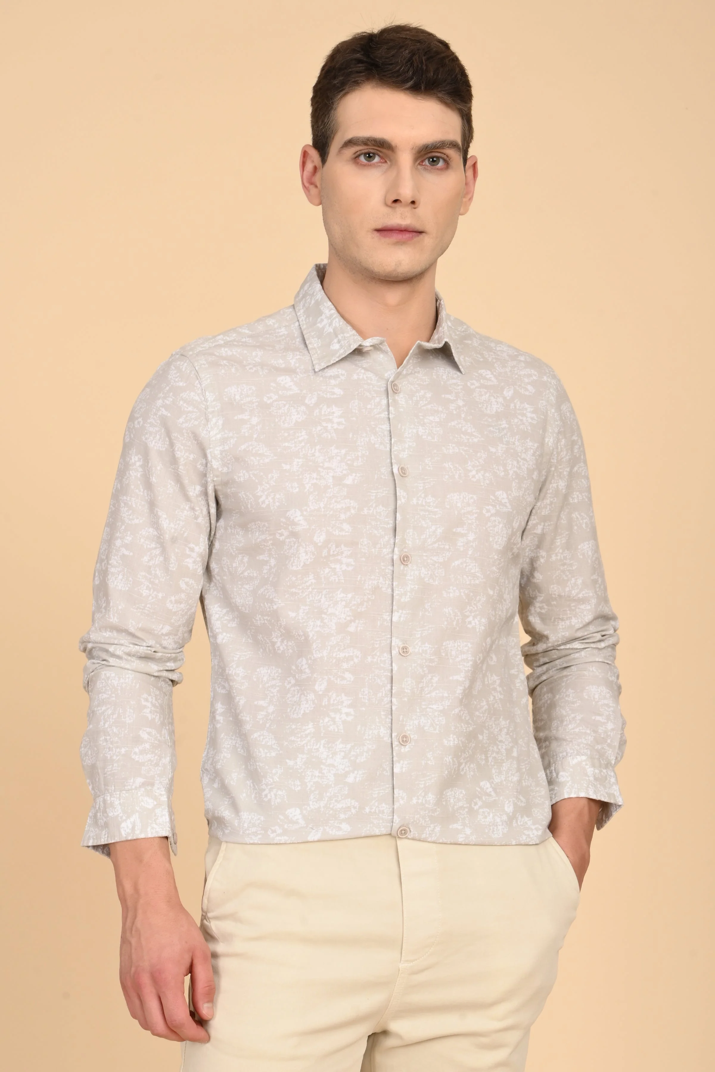 Men Mitchell Cotton Linen Printed Shirt Beige - Image 2