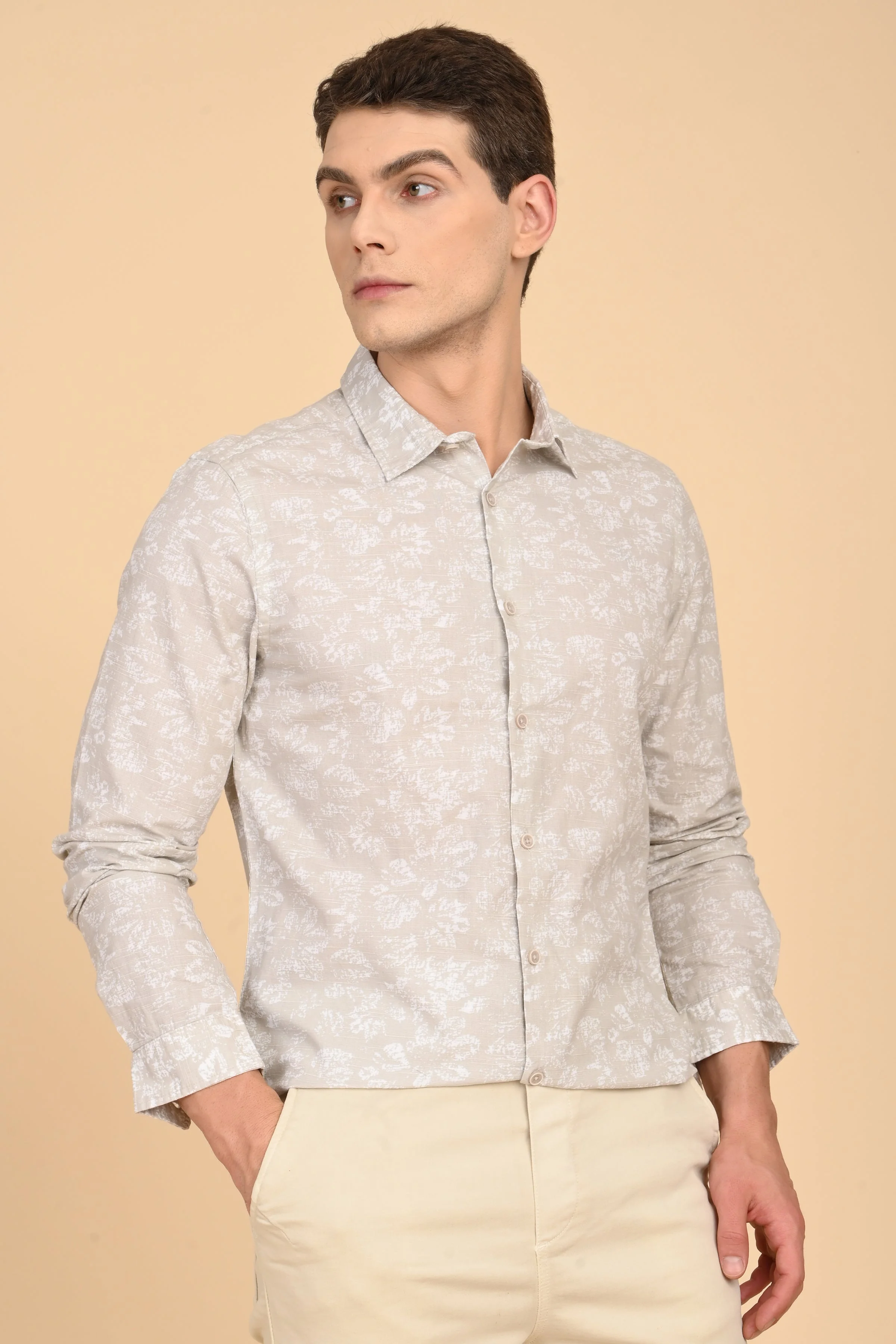Men Mitchell Cotton Linen Printed Shirt Beige - Image 3