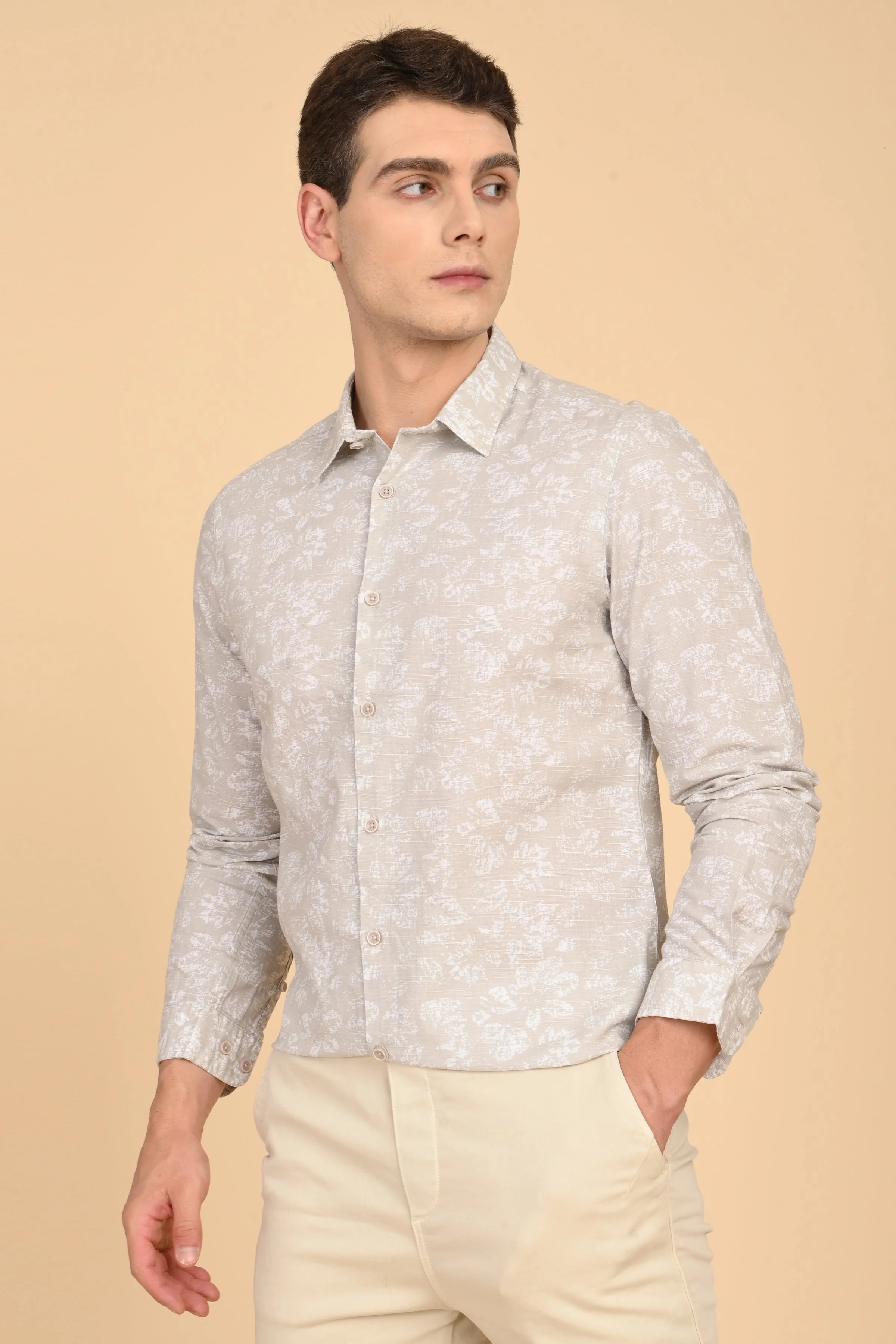 Men Mitchell Cotton Linen Printed Shirt Beige - Image 4