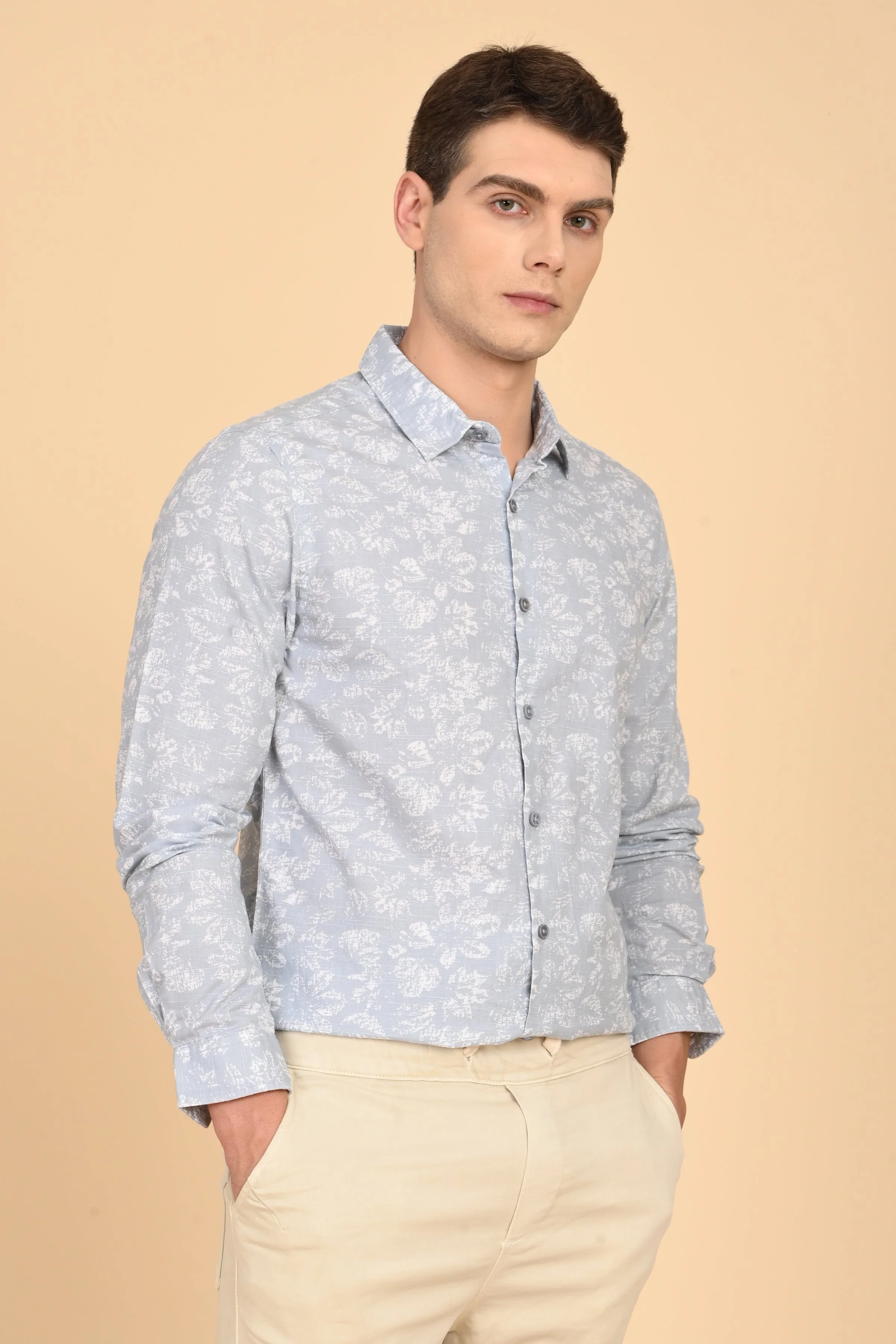 Men Mitchell Cotton Linen Printed Shirt Lt Grey - Image 2