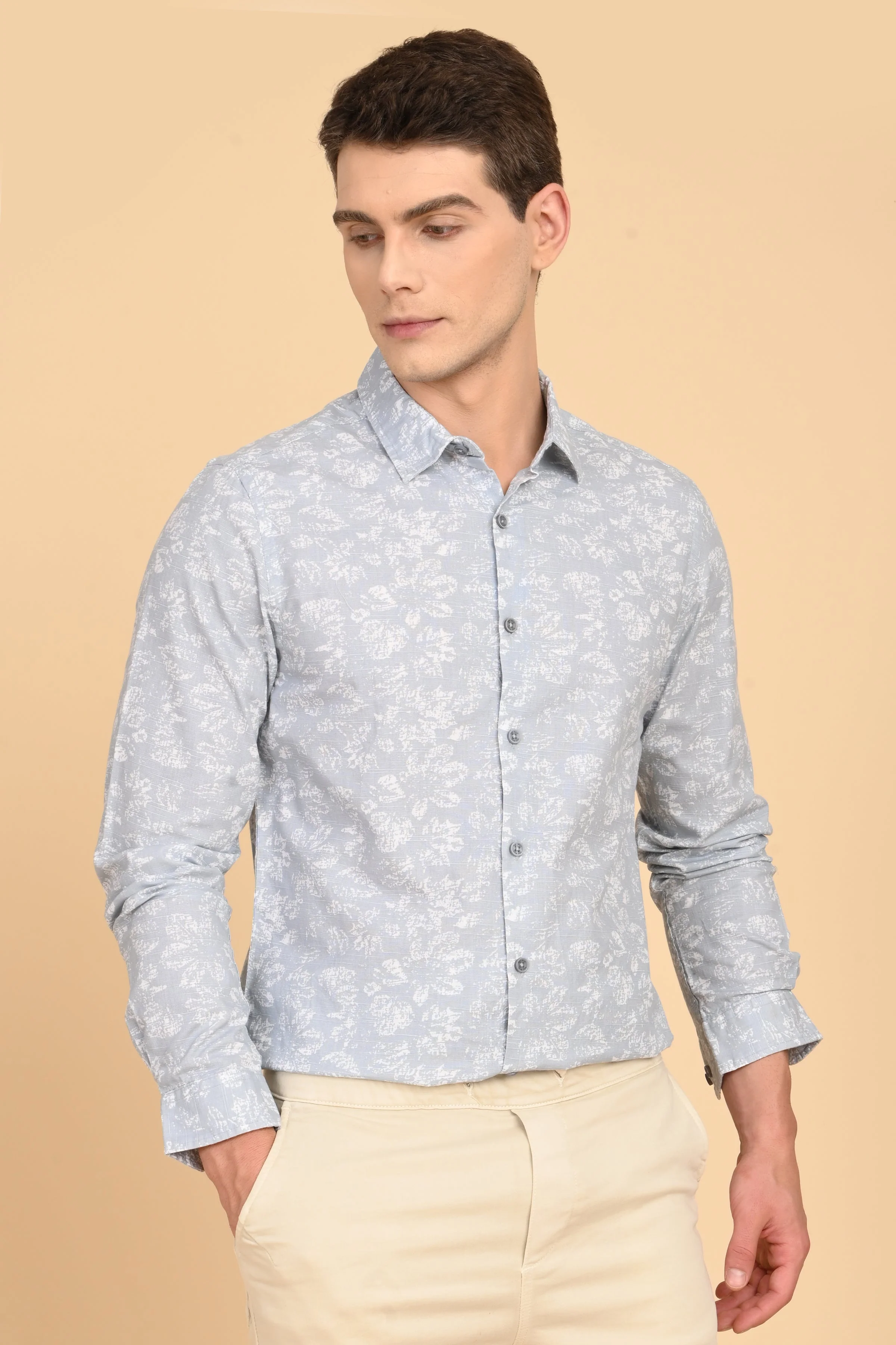 Men Mitchell Cotton Linen Printed Shirt Lt Grey - Image 3
