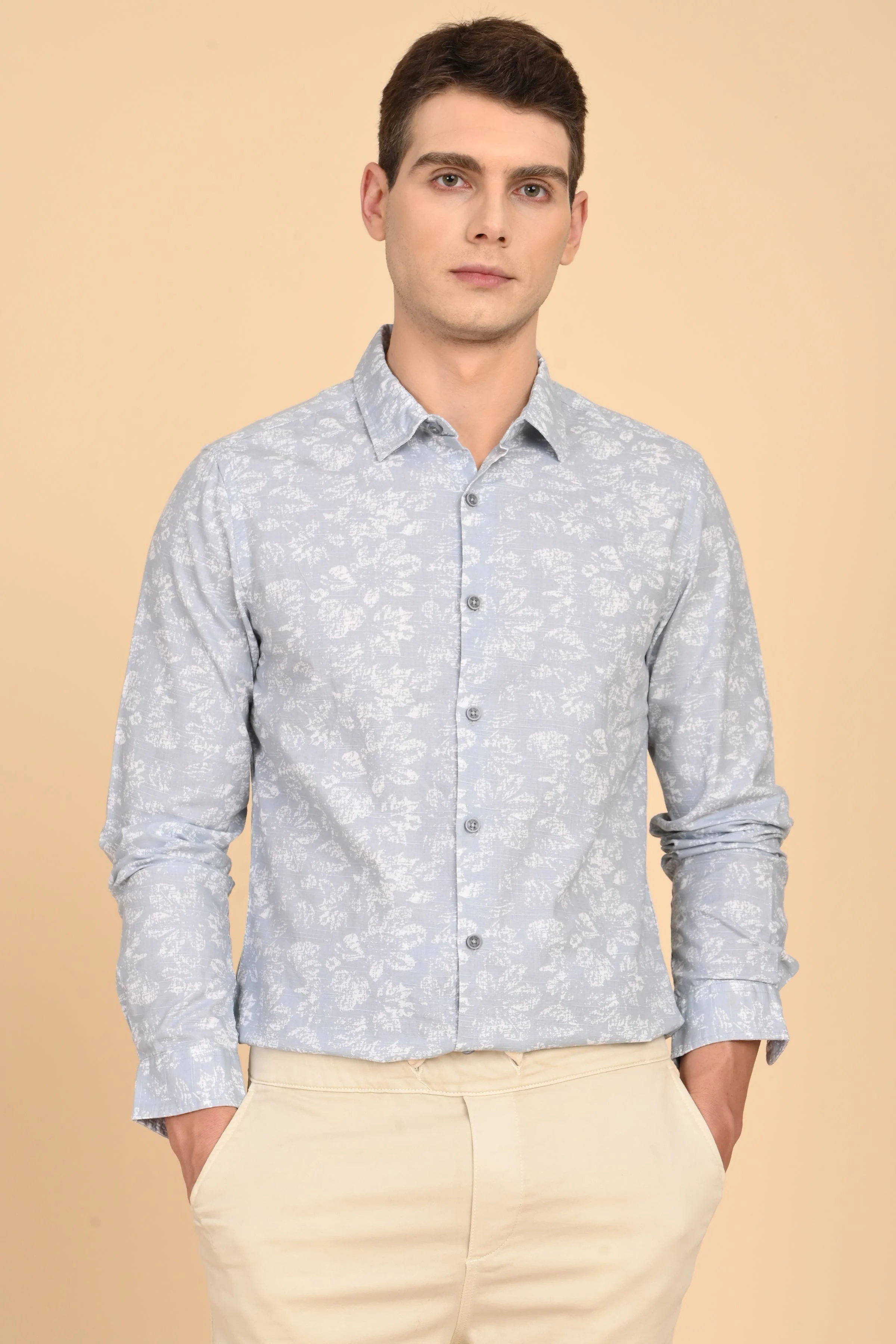 Men Mitchell Cotton Linen Printed Shirt Lt Grey - Image 4