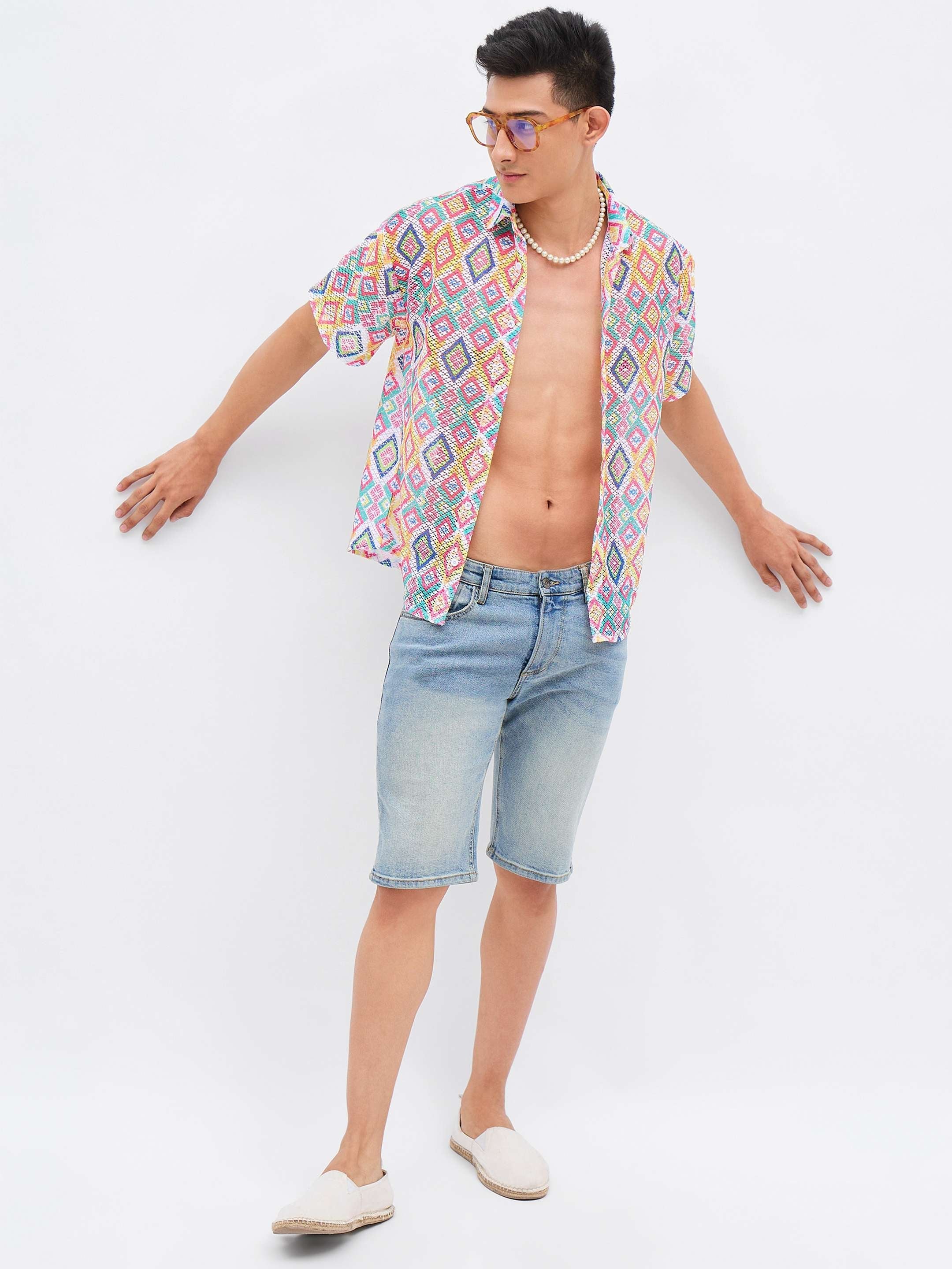 Men Multi Color Geometric Print Crochet Shirt - Image 2