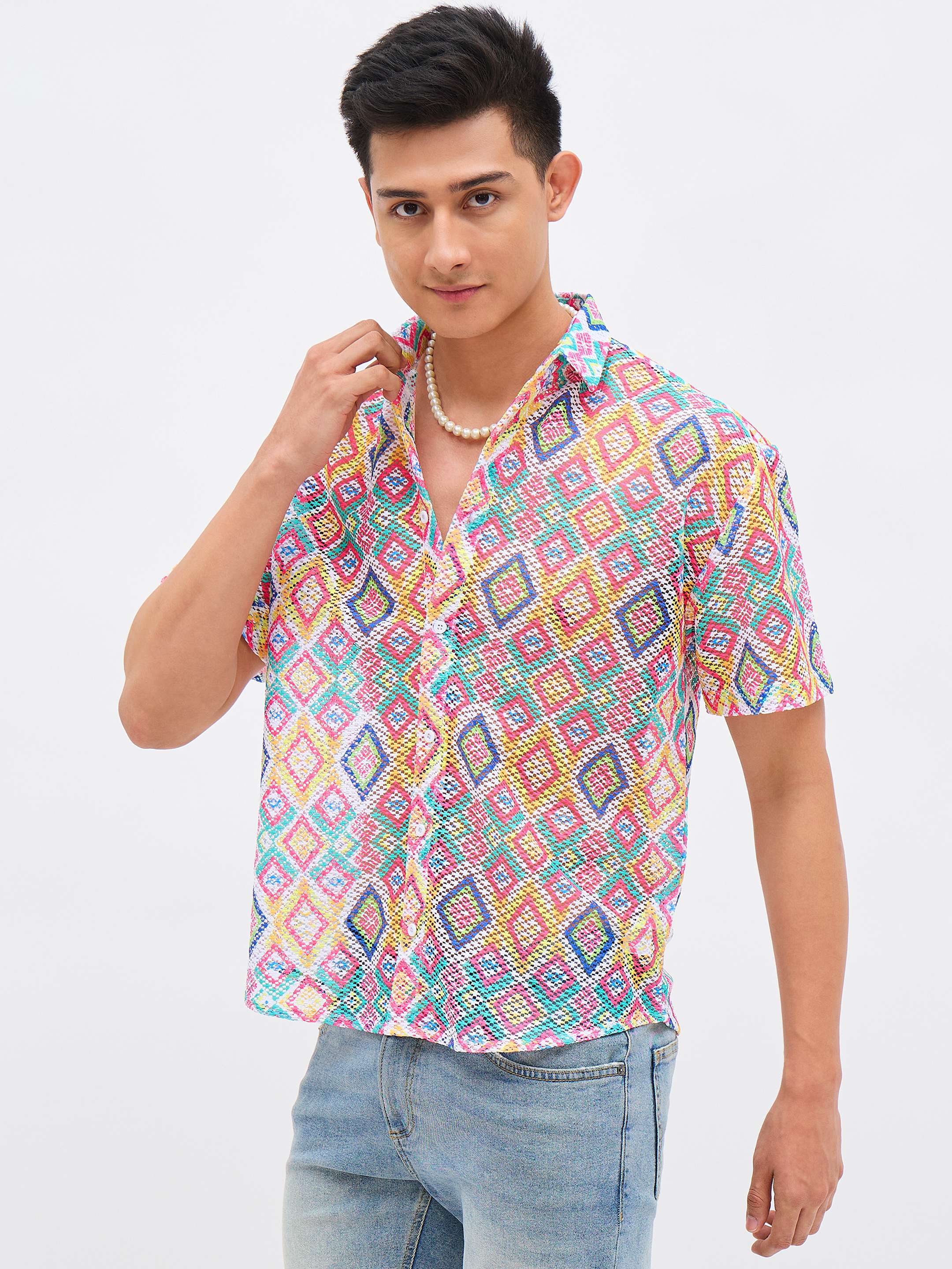 Men Multi Color Geometric Print Crochet Shirt - Image 3