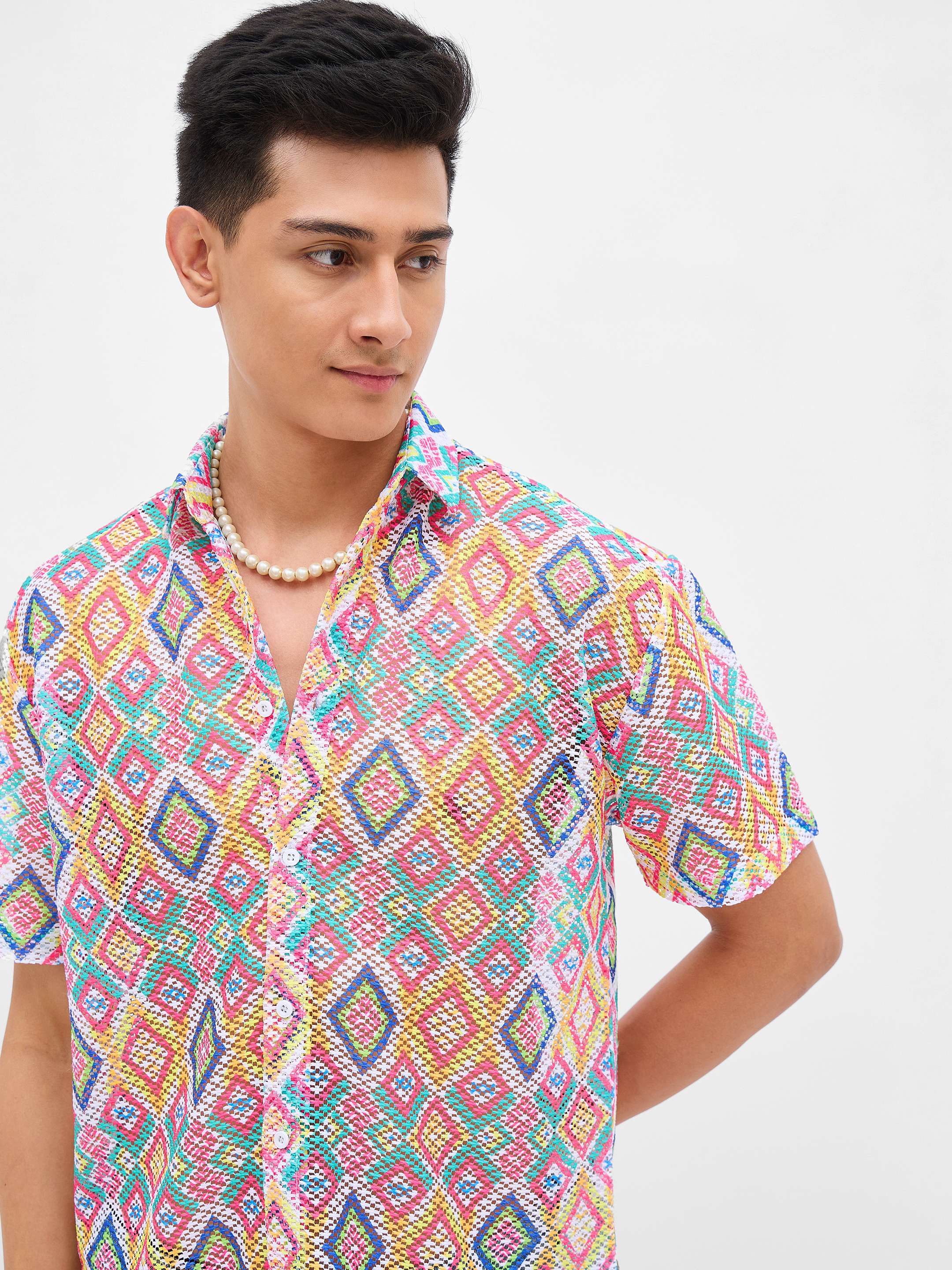 Men Multi Color Geometric Print Crochet Shirt - Image 4