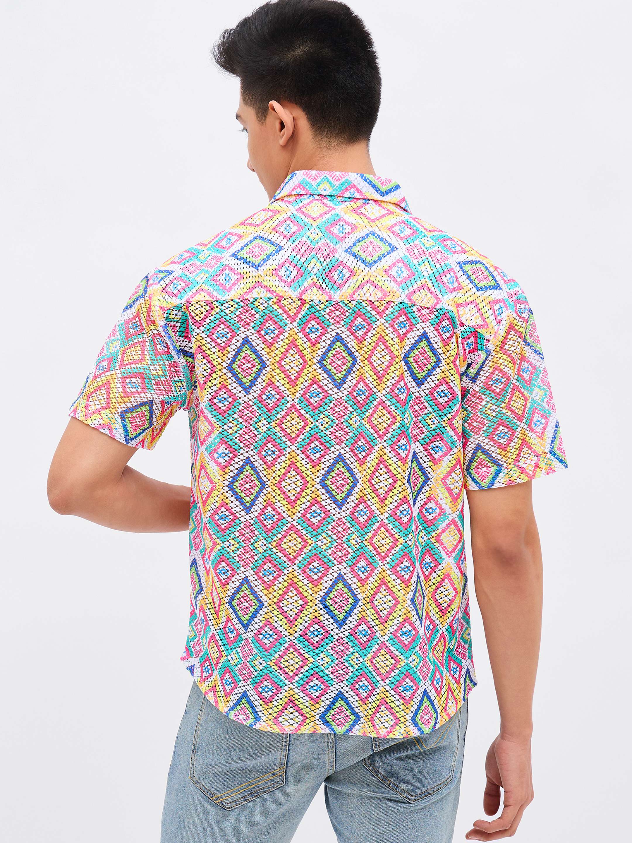 Men Multi Color Geometric Print Crochet Shirt - Image 5