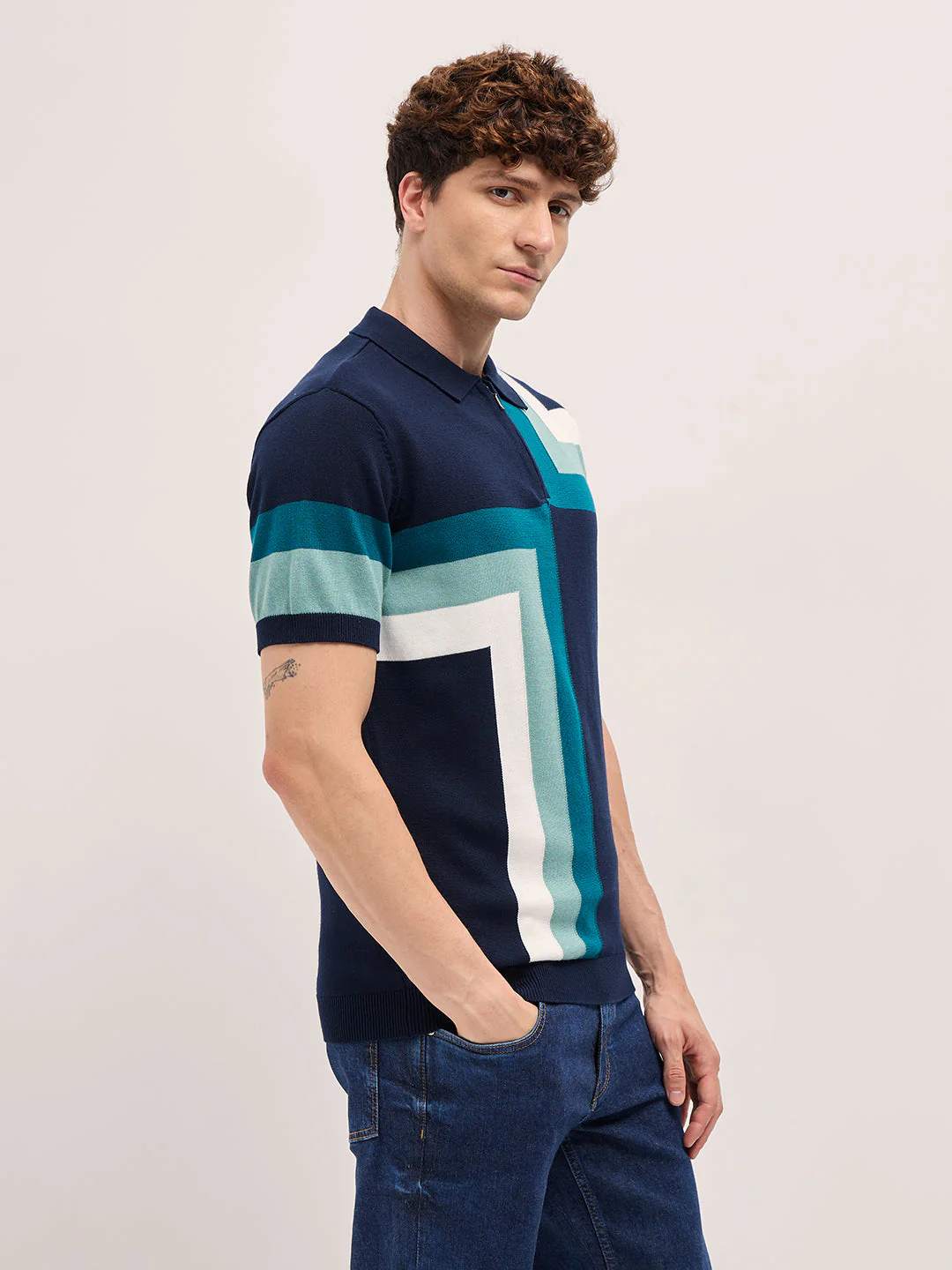 Men Multi-Color Geometrical Color Block Regular Fit Polo - Image 3
