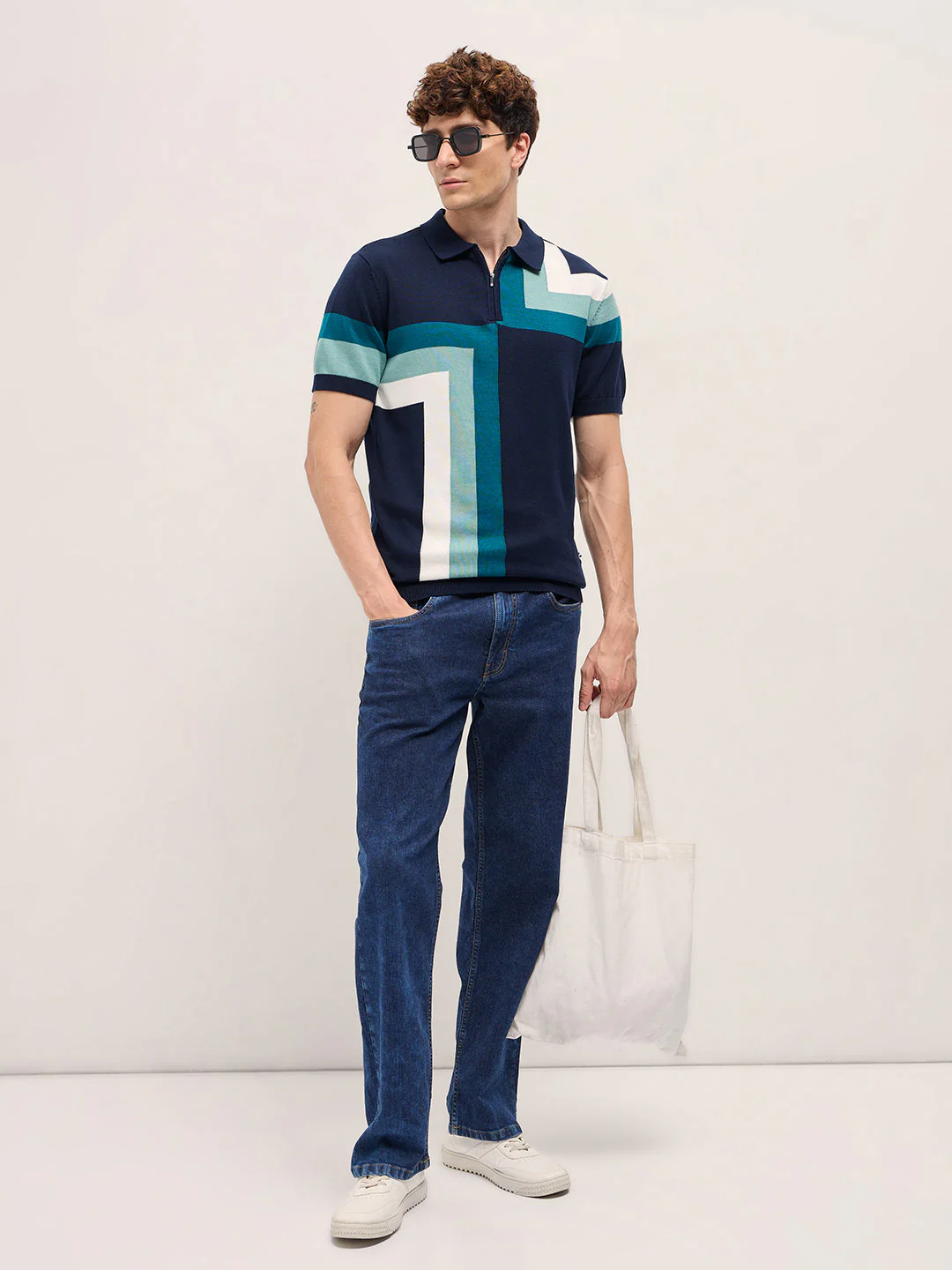 Men Multi-Color Geometrical Color Block Regular Fit Polo - Image 4