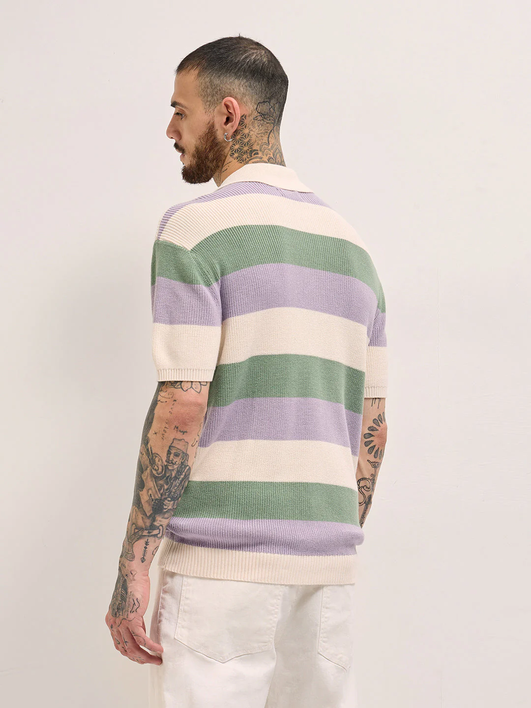 Men Multi-Color Horizontal Striped Textured Knit Design Regular Fit Polo - Image 2