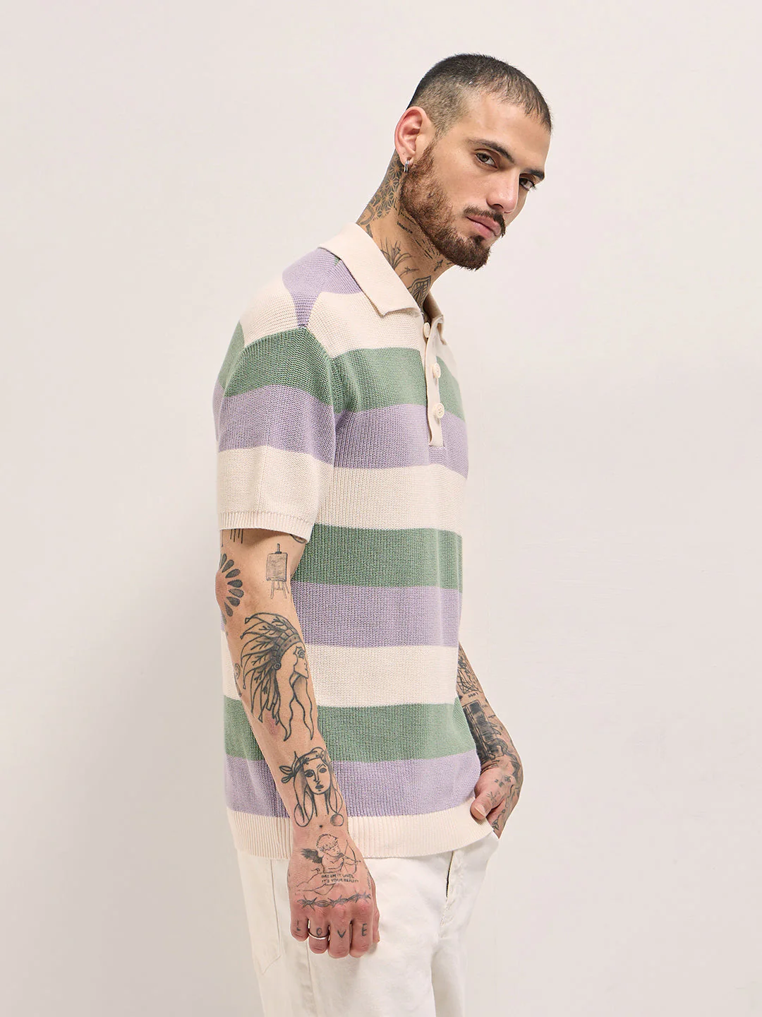 Men Multi-Color Horizontal Striped Textured Knit Design Regular Fit Polo - Image 3