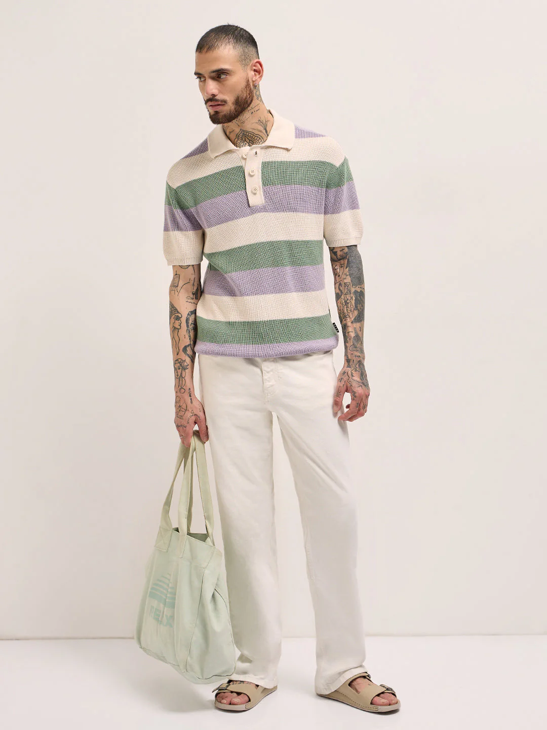 Men Multi-Color Horizontal Striped Textured Knit Design Regular Fit Polo - Image 4