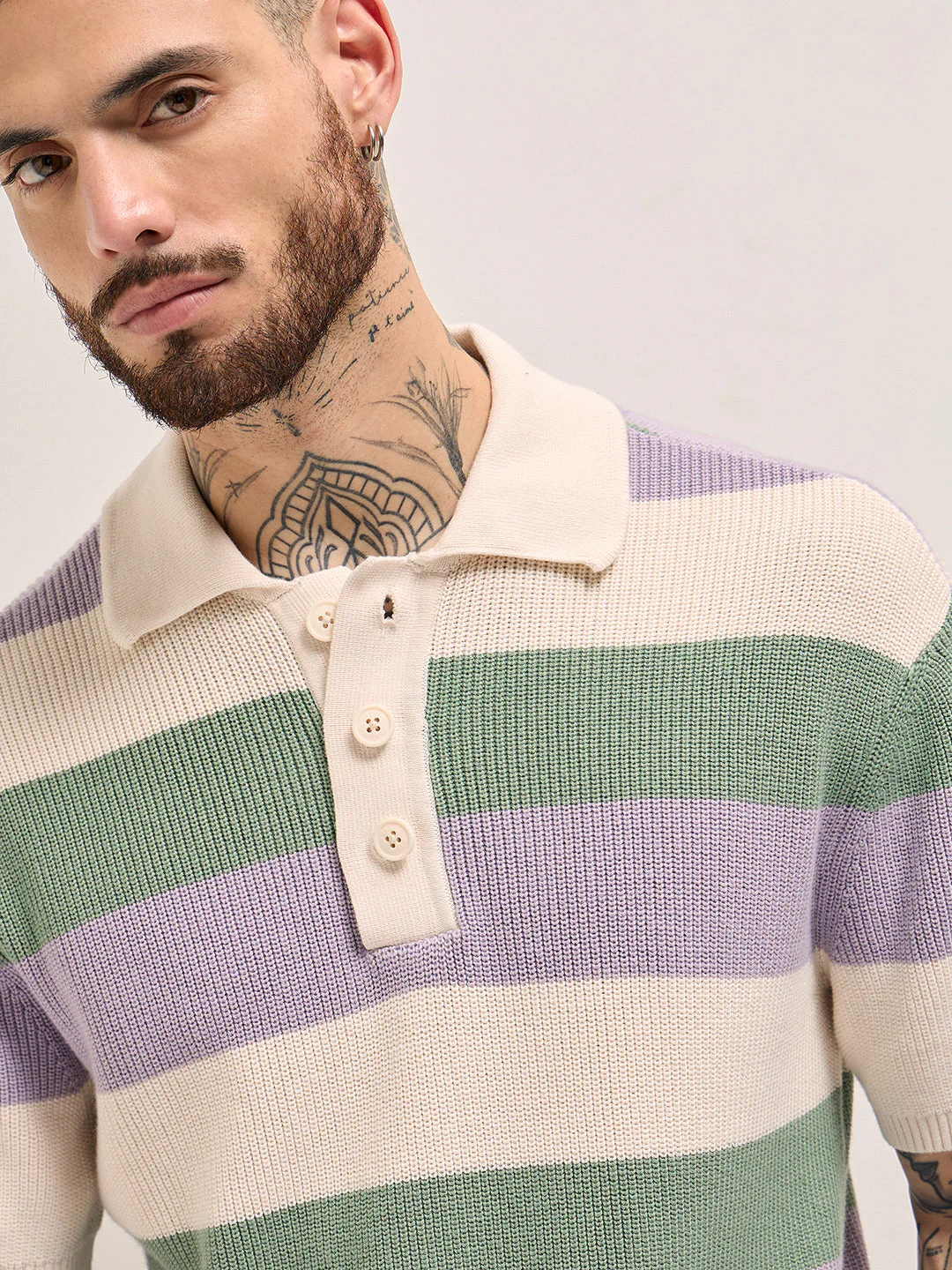 Men Multi-Color Horizontal Striped Textured Knit Design Regular Fit Polo - Image 5