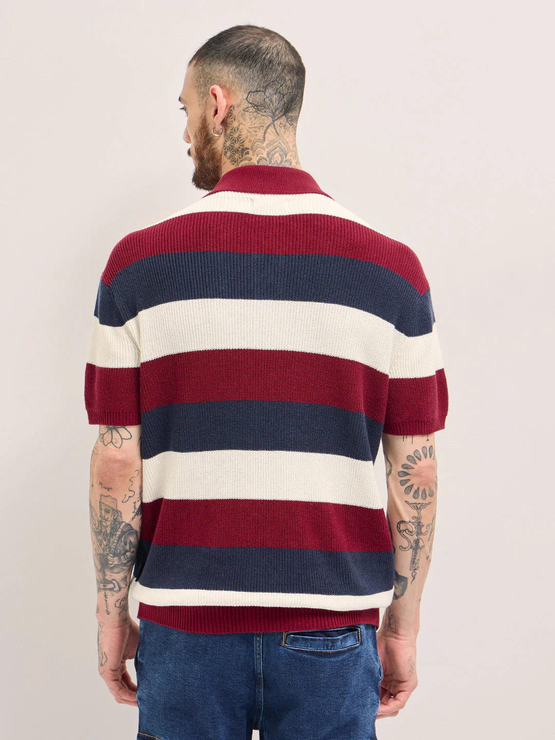 Men Multi-Color Horizontal Striped Textured Knit Design Regular Fit Polo - Image 2