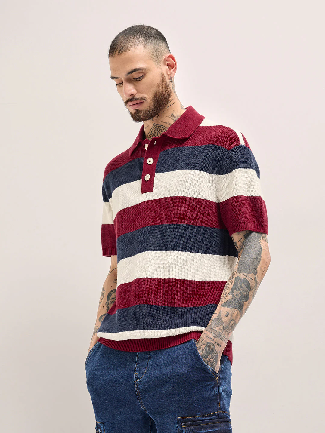 Men Multi-Color Horizontal Striped Textured Knit Design Regular Fit Polo - Image 3