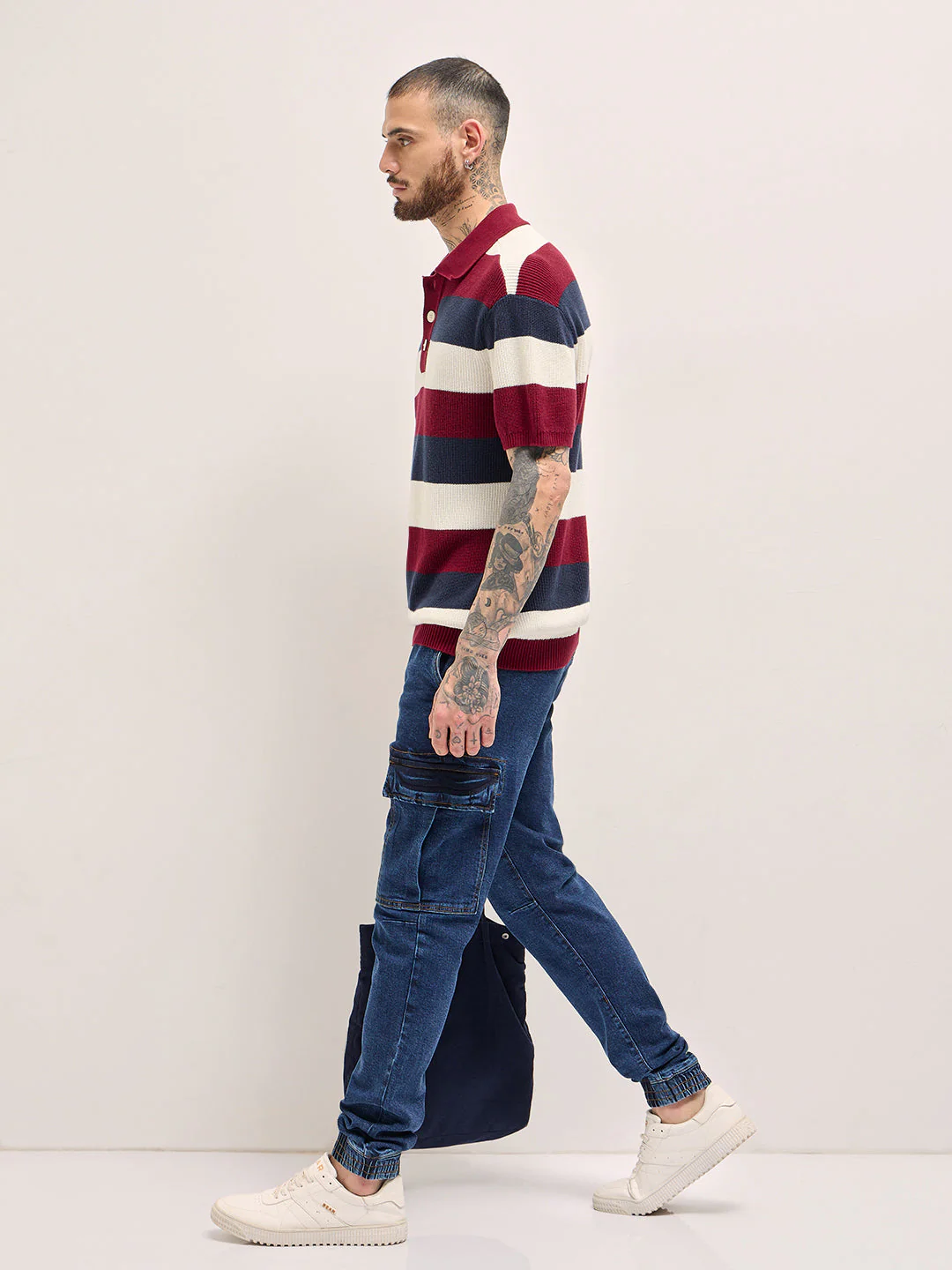 Men Multi-Color Horizontal Striped Textured Knit Design Regular Fit Polo - Image 4