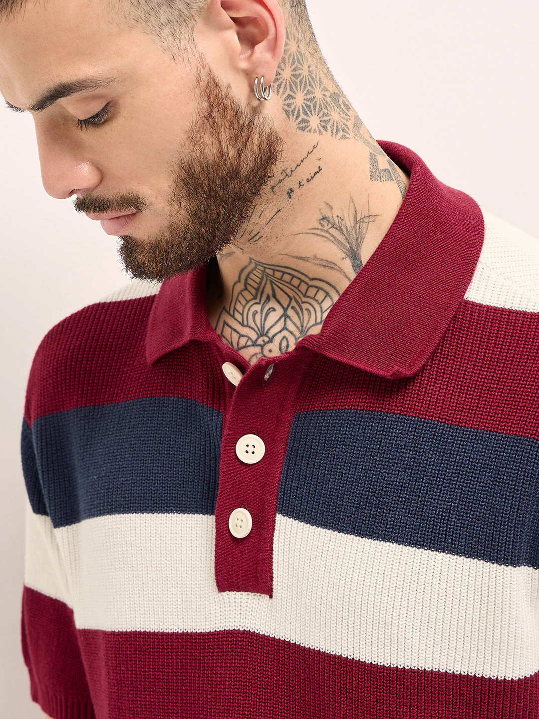Men Multi-Color Horizontal Striped Textured Knit Design Regular Fit Polo - Image 5