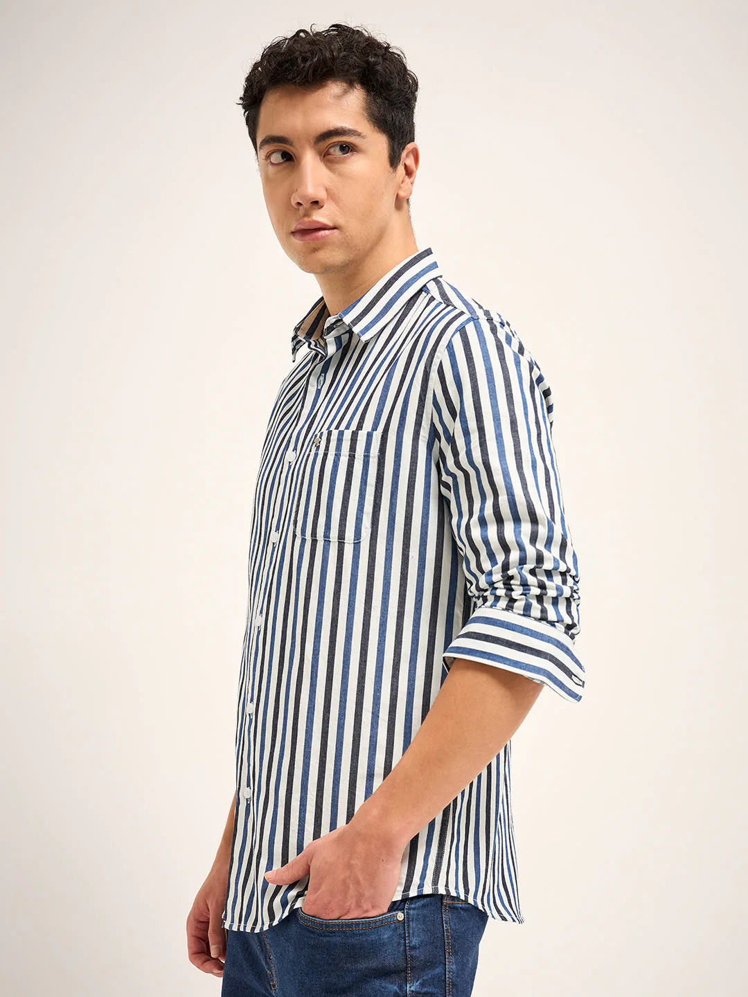 Men Multi-Color Stripe Slim Fit Casual Shirt - Image 3