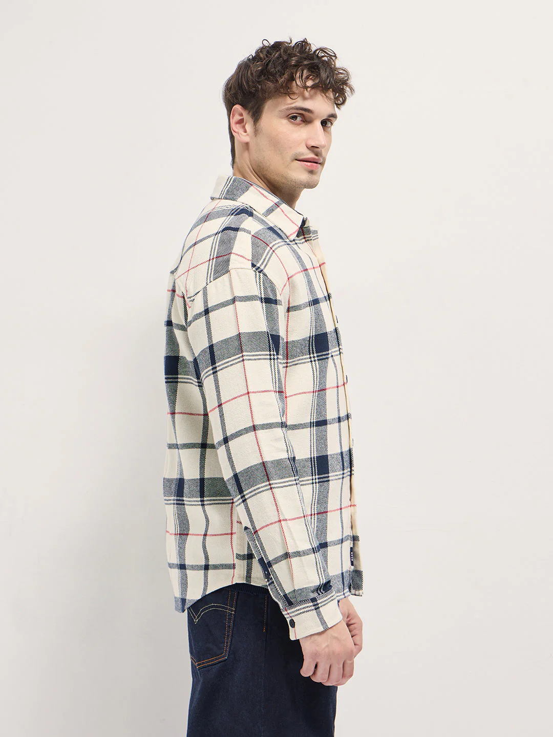 Men Multi-Color Tartan Check Relax Fit Flannel Overshirt - Image 3