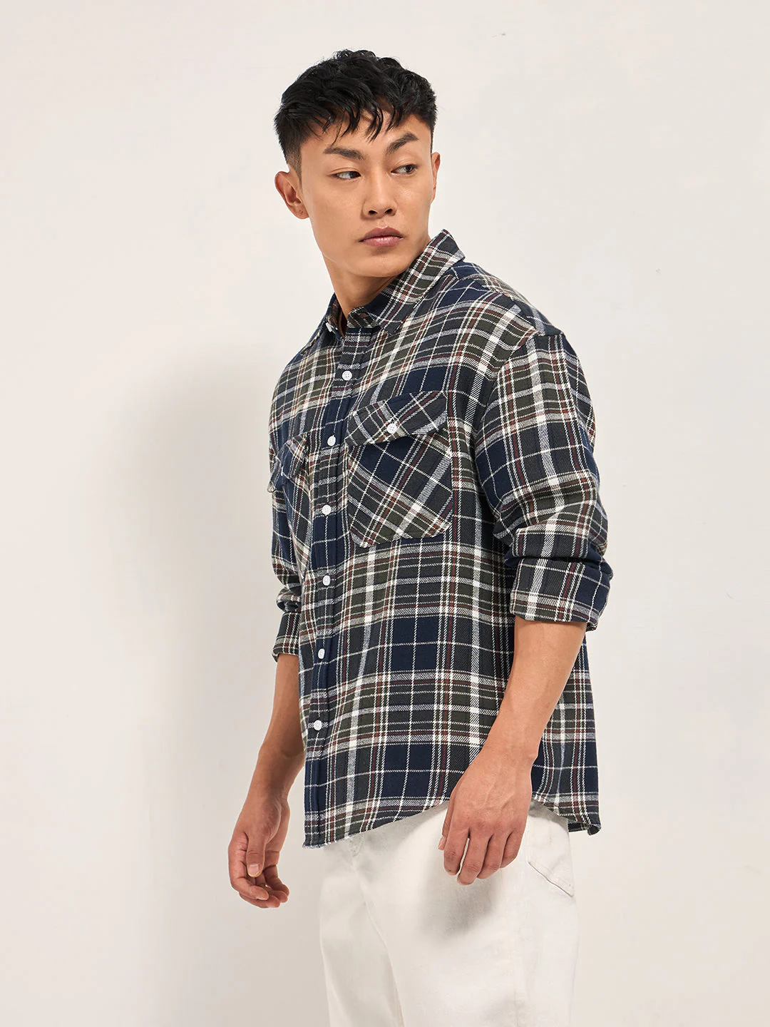 Men Multi-color Tartan Check Relaxed Fit Shacket - Image 3
