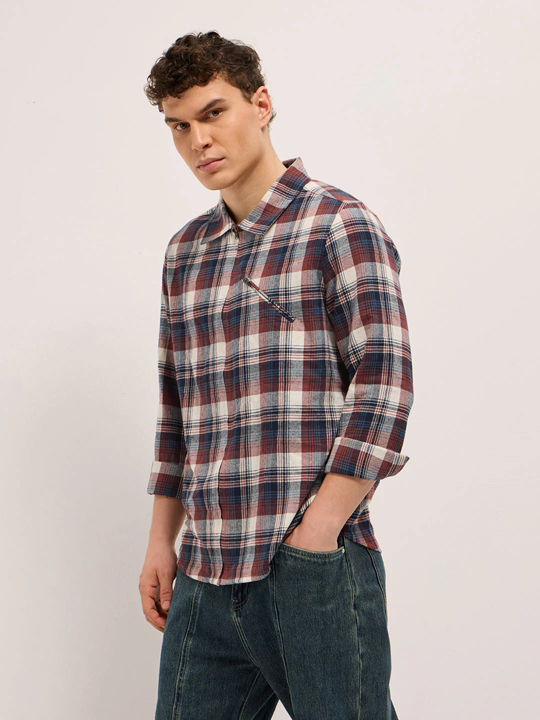 Men Multi-Color Tartan Checked Flannel Shacket - Image 3