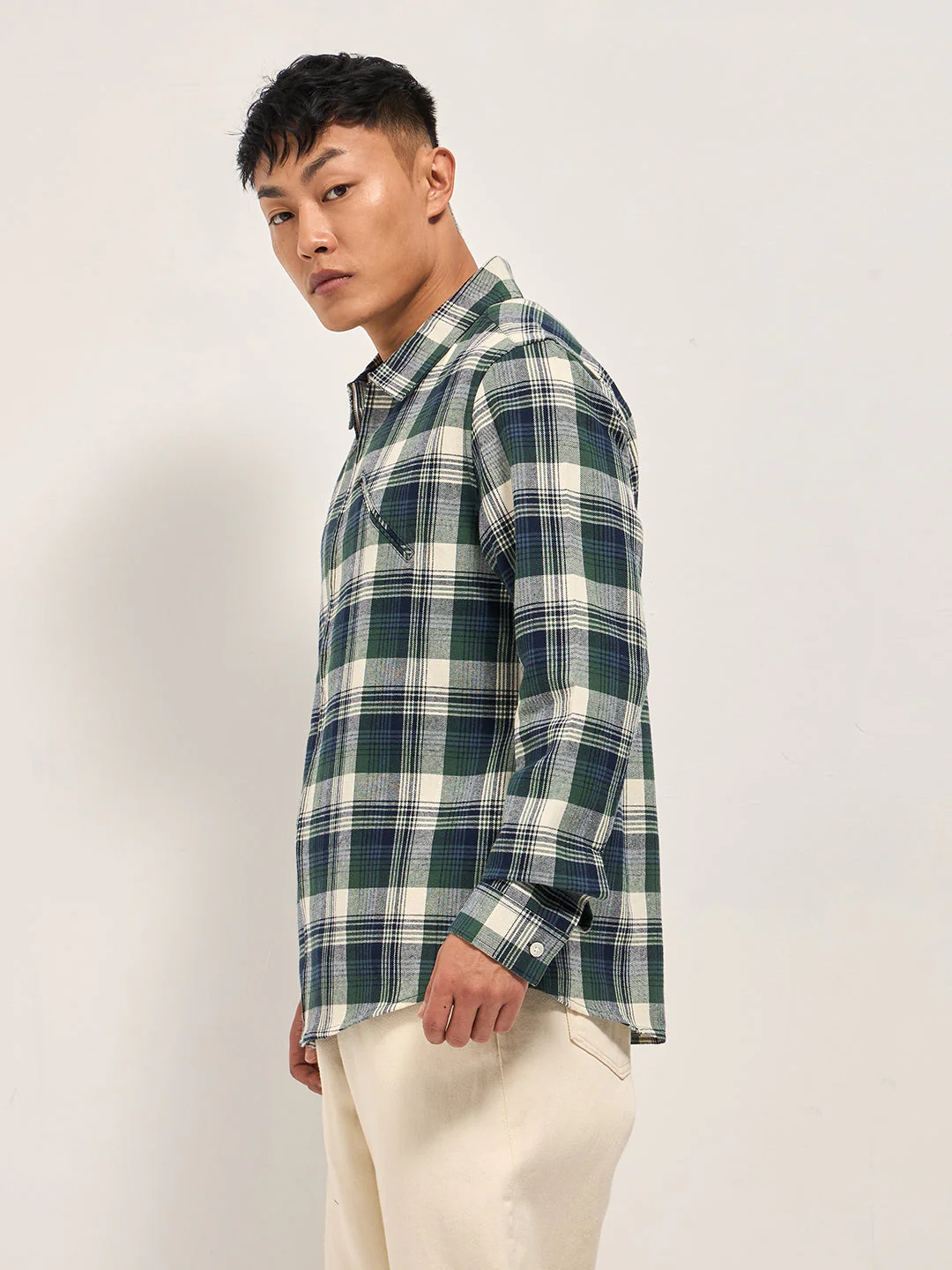 Men Multi-Color Tartan Checked Flannel Shacket - Image 3