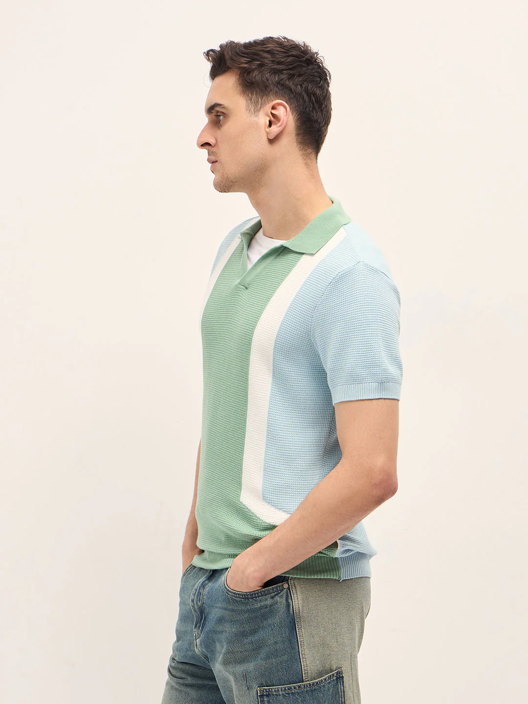 Men Multi-Color Textured Color Block Slim Fit Polo - Image 3
