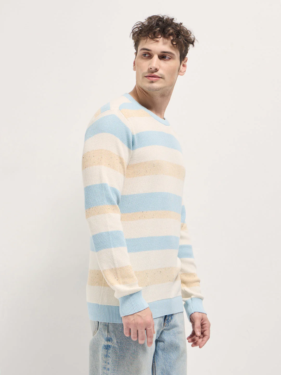 Men Multi-Color textured Striped Slim Fit Ribbed Crew Neck T-shirt - Image 3